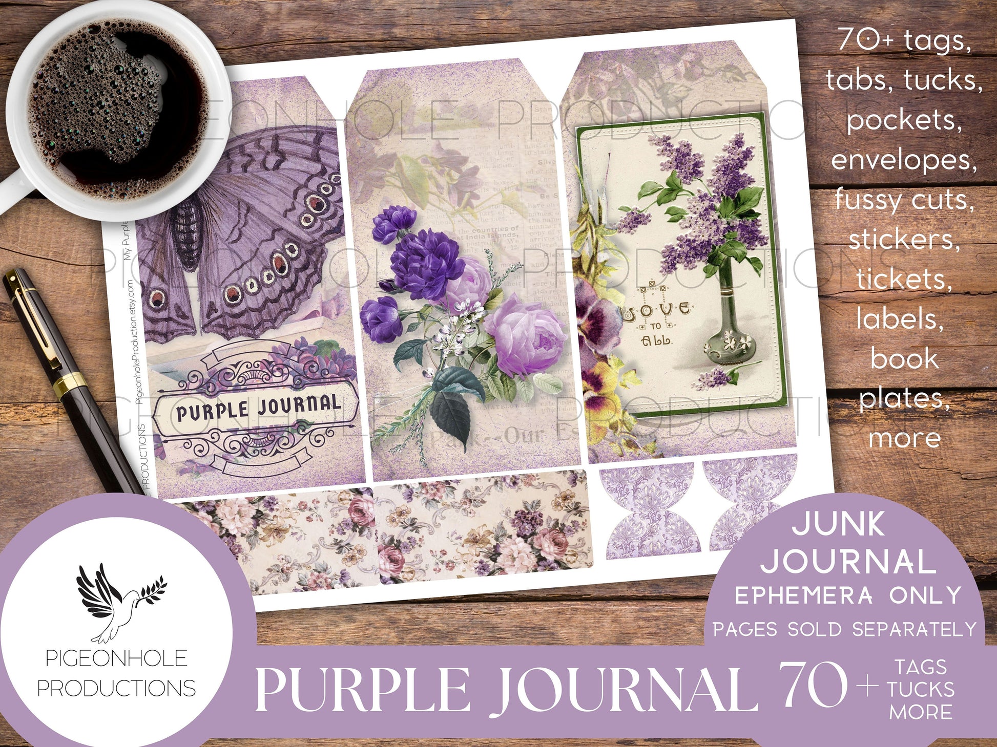 Purple Junk Journal EPHEMERA, PRINTABLE, 70+ tags, tucks, pockets, envelopes, fussy cuts, stickers, tickets, labels, bookplates, SHABBY