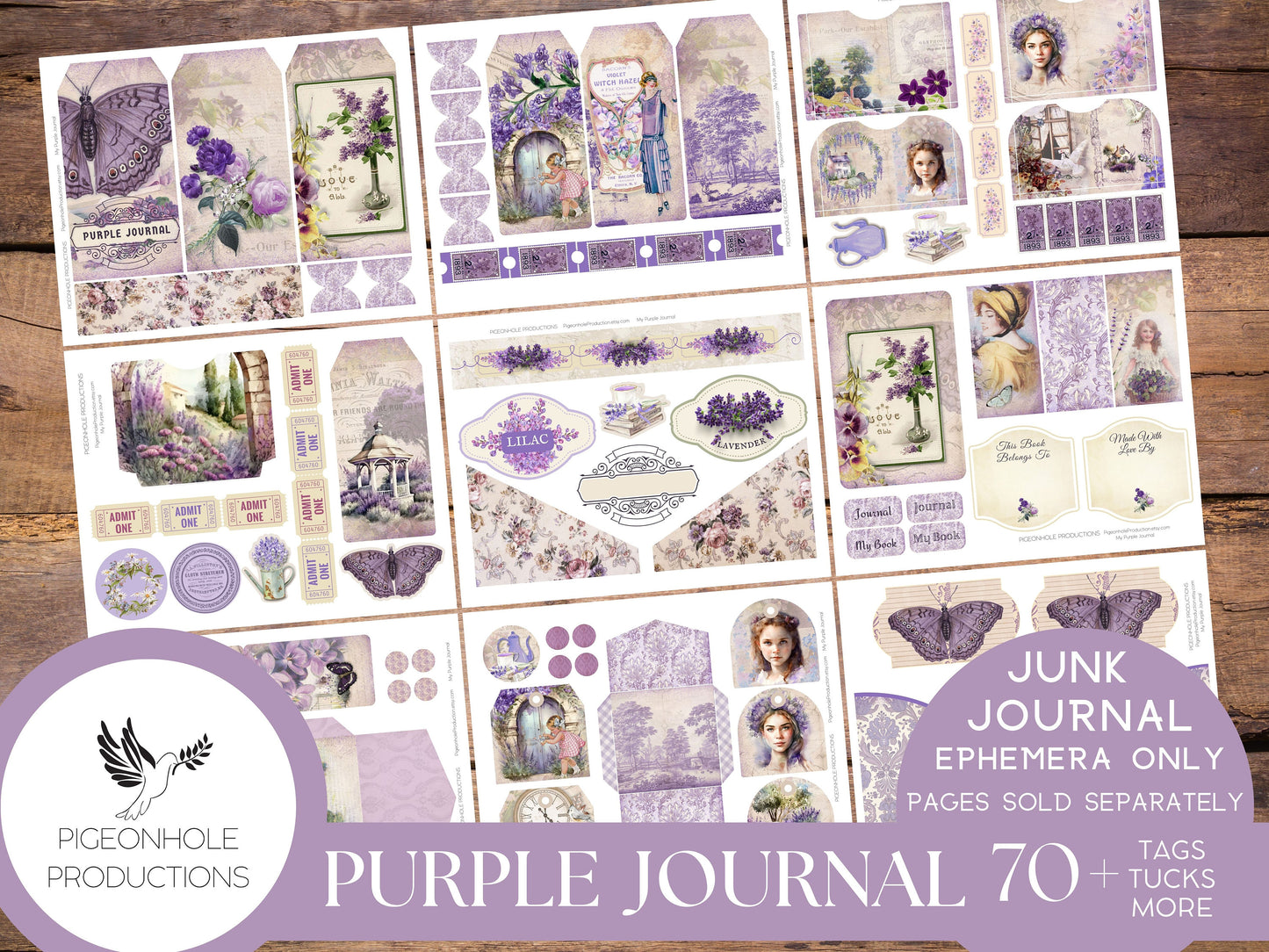 Purple Junk Journal EPHEMERA, PRINTABLE, 70+ tags, tucks, pockets, envelopes, fussy cuts, stickers, tickets, labels, bookplates, SHABBY