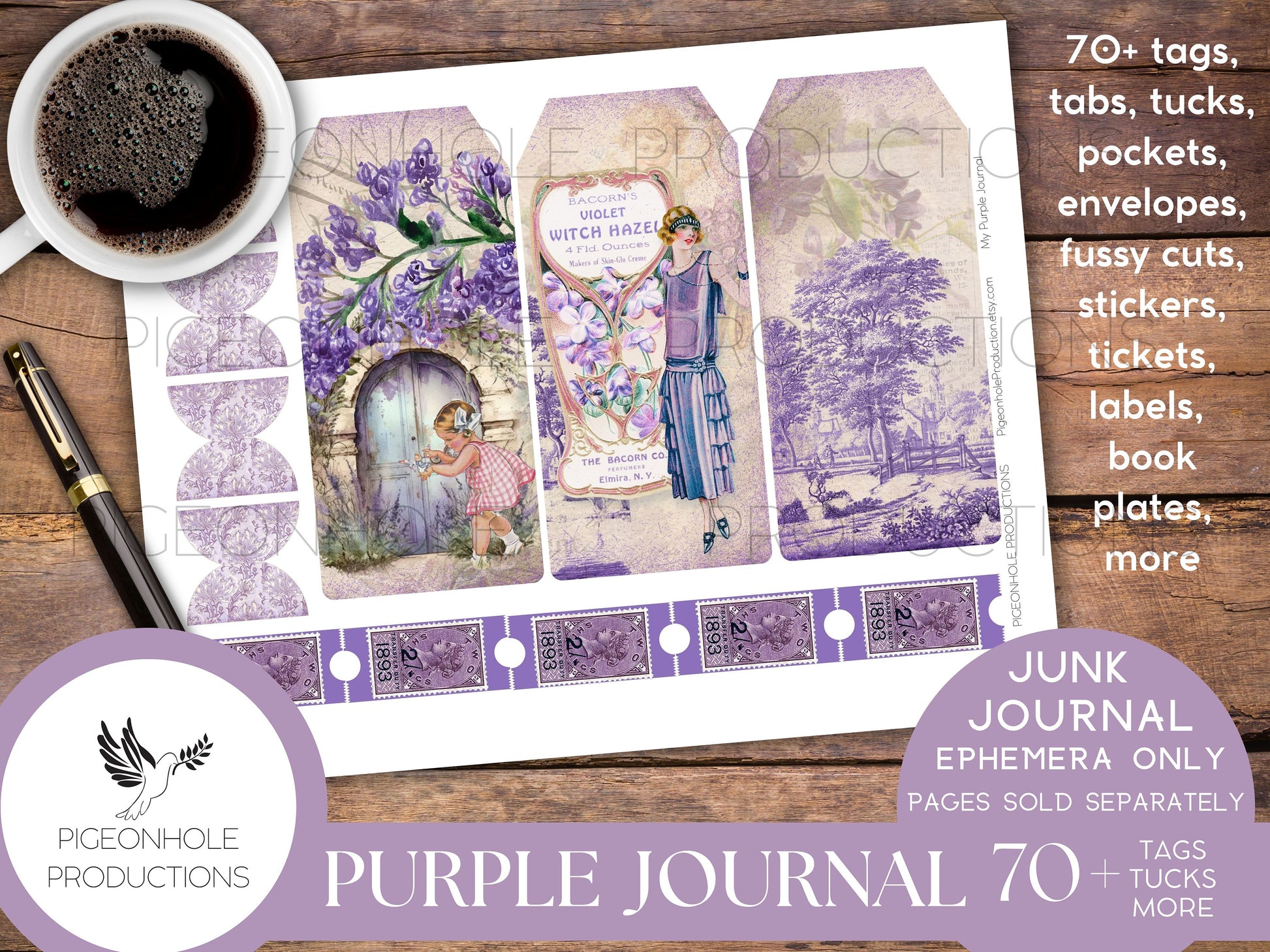 Purple Junk Journal EPHEMERA, PRINTABLE, 70+ tags, tucks, pockets, envelopes, fussy cuts, stickers, tickets, labels, bookplates, SHABBY