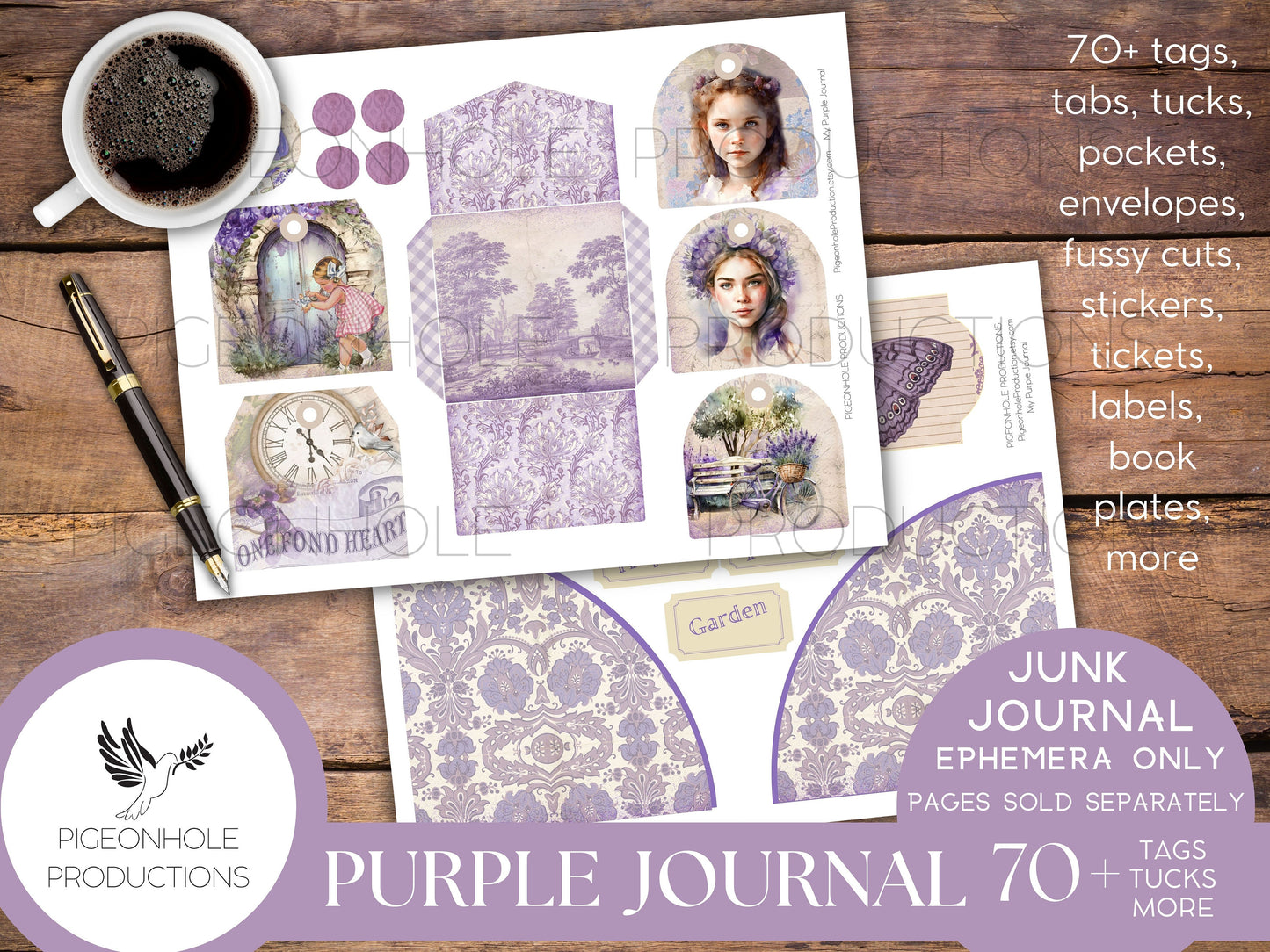 Purple Junk Journal EPHEMERA, PRINTABLE, 70+ tags, tucks, pockets, envelopes, fussy cuts, stickers, tickets, labels, bookplates, SHABBY