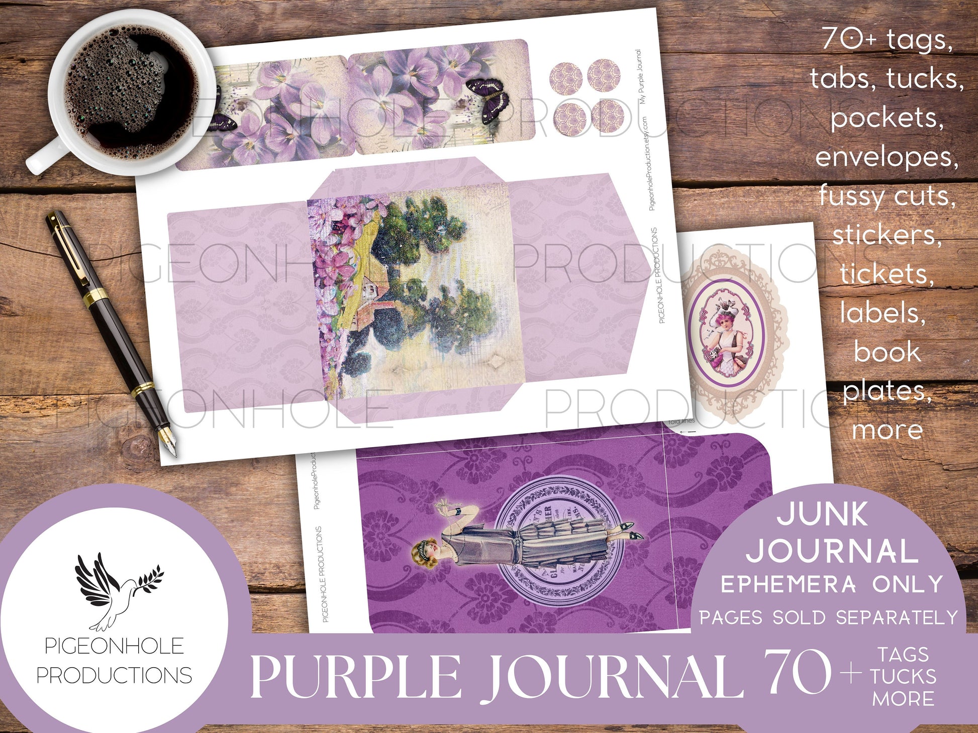 Purple Junk Journal EPHEMERA, PRINTABLE, 70+ tags, tucks, pockets, envelopes, fussy cuts, stickers, tickets, labels, bookplates, SHABBY