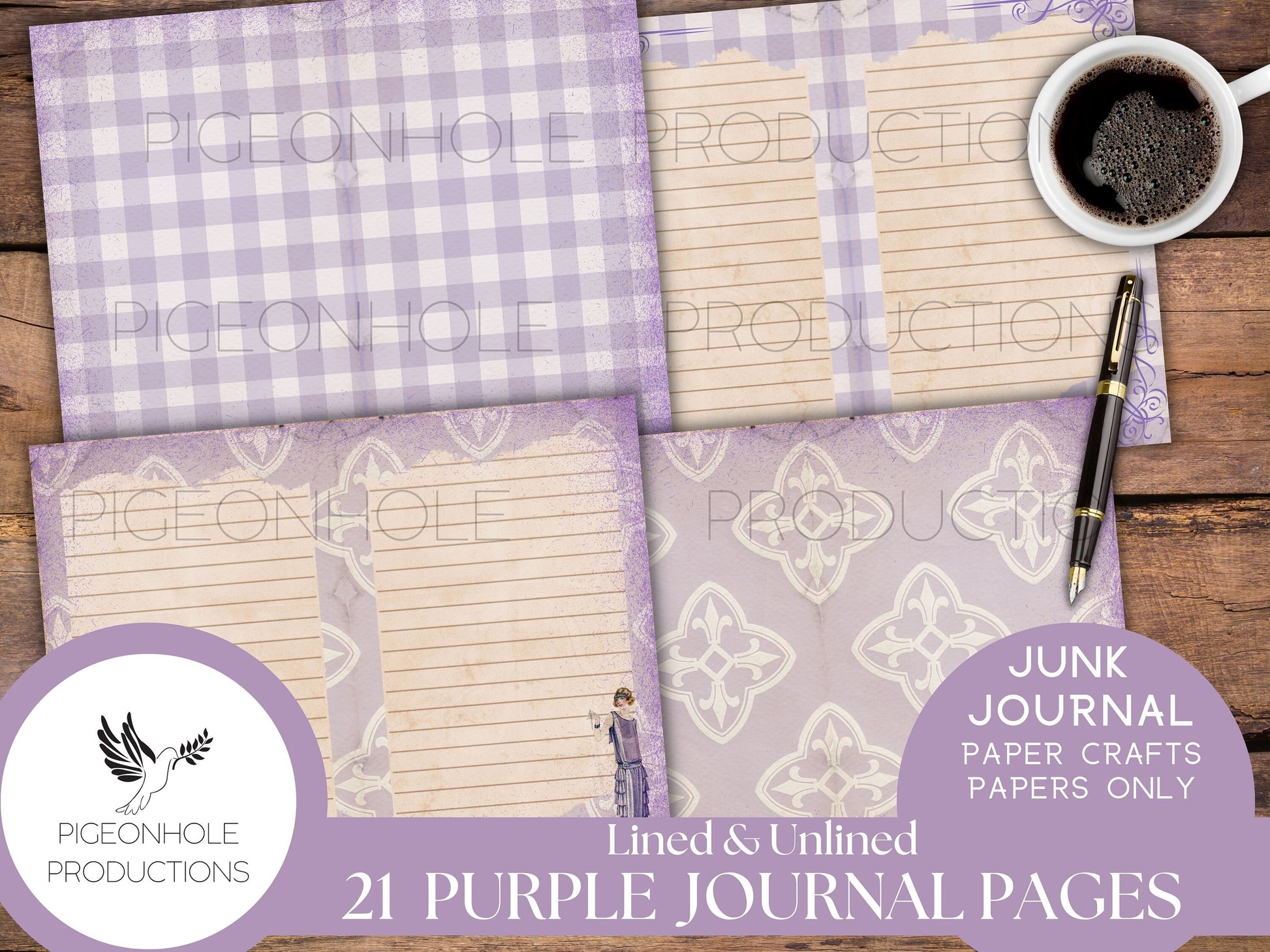 Purple Junk Journal Lined & Unlined Papers, PRINTABLE, 21 sheets, pretty pastels for junk journals, scrapbooking, paper crafting, 8.5 x 11