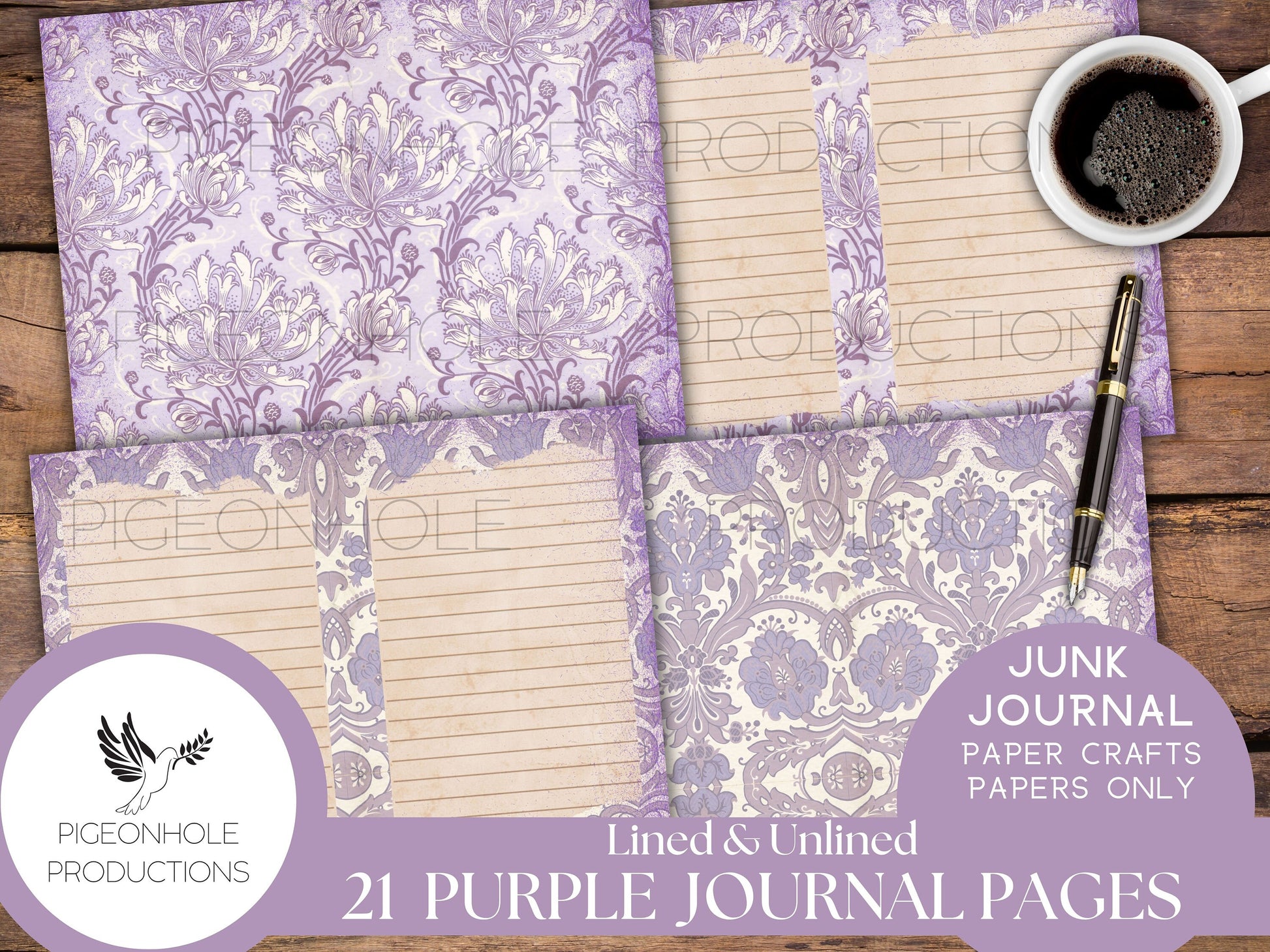 Purple Junk Journal Lined & Unlined Papers, PRINTABLE, 21 sheets, pretty pastels for junk journals, scrapbooking, paper crafting, 8.5 x 11