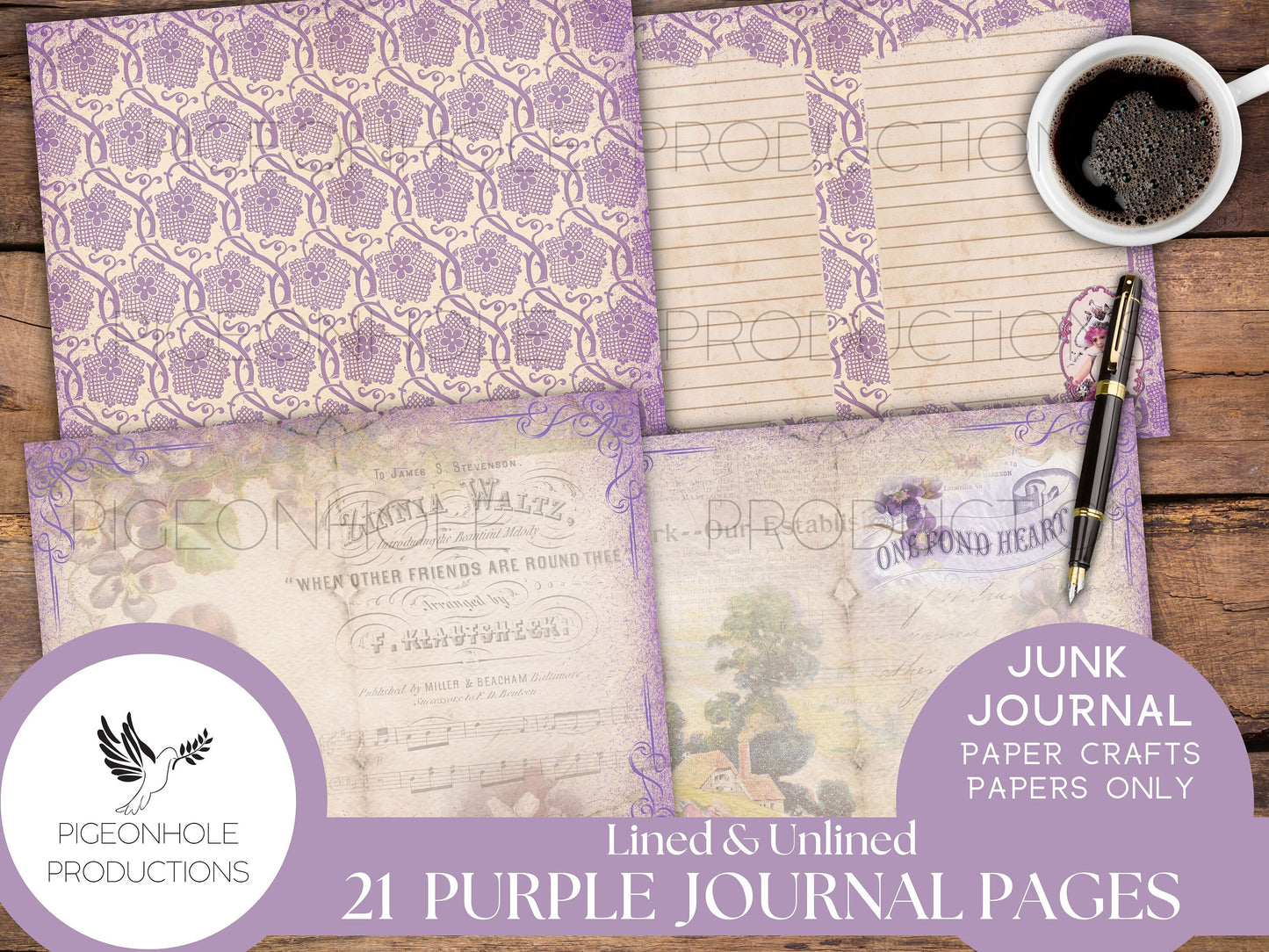 Purple Junk Journal Lined & Unlined Papers, PRINTABLE, 21 sheets, pretty pastels for junk journals, scrapbooking, paper crafting, 8.5 x 11