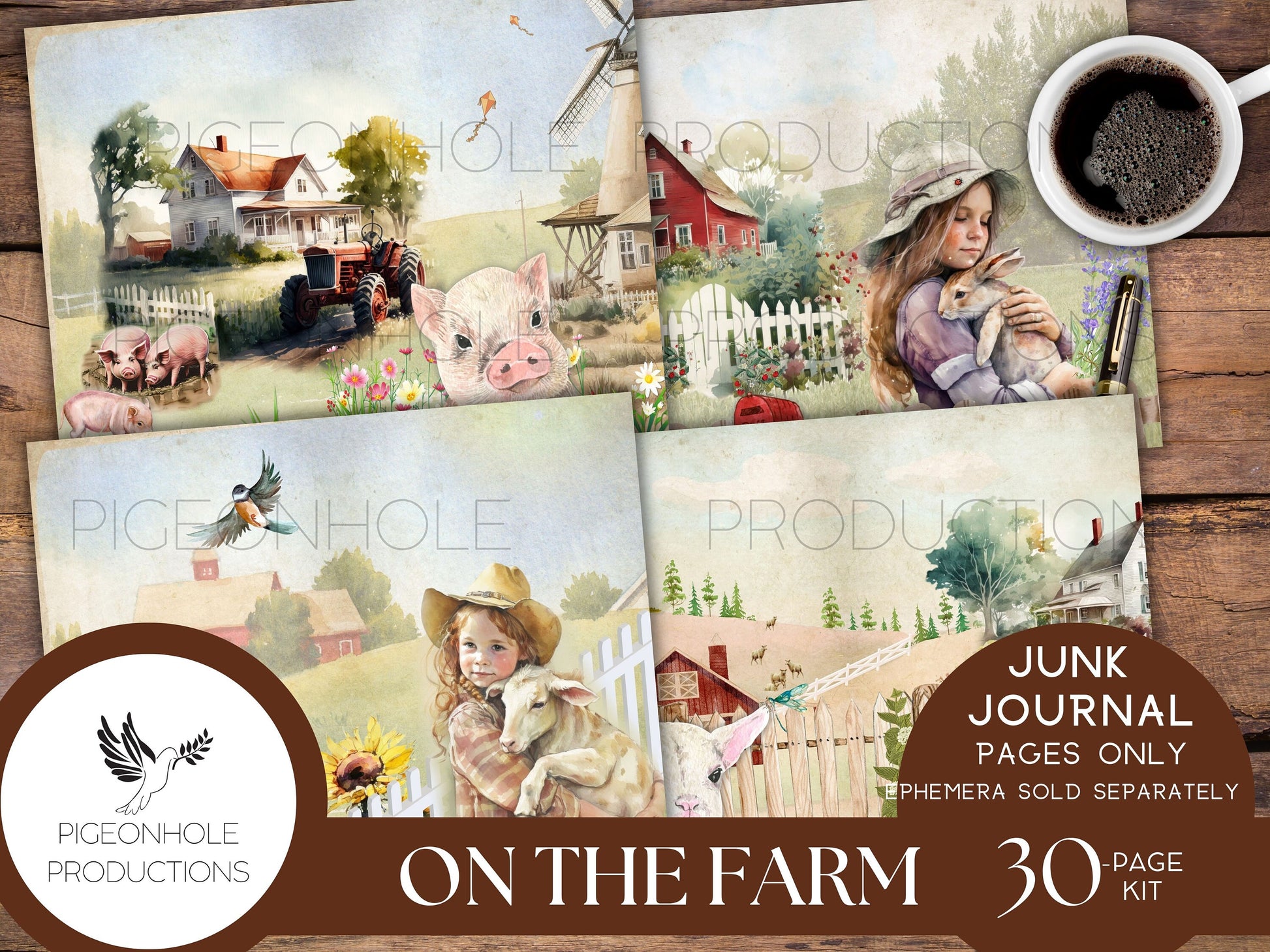 On the Farm Junk Journal Pages Only Kit, PRINTABLE, 30 sheets of journal, lined and unlined sheets, makes 60 journal pages, beautiful!