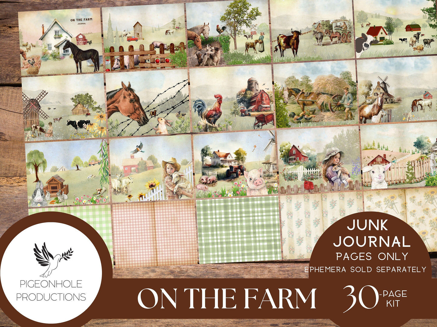 On the Farm Junk Journal Pages Only Kit, PRINTABLE, 30 sheets of journal, lined and unlined sheets, makes 60 journal pages, beautiful!