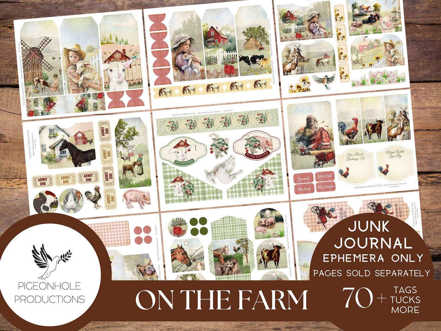 On the Farm Junk Journal EPHEMERA, PRINTABLE, 70+ tags, tucks, pockets, envelopes, fussy cuts, stickers, tickets, labels, bookplates
