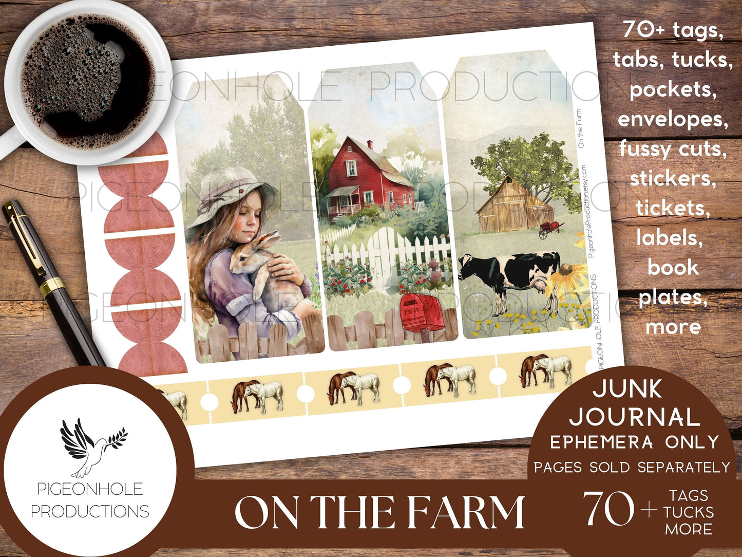 On the Farm Junk Journal EPHEMERA, PRINTABLE, 70+ tags, tucks, pockets, envelopes, fussy cuts, stickers, tickets, labels, bookplates