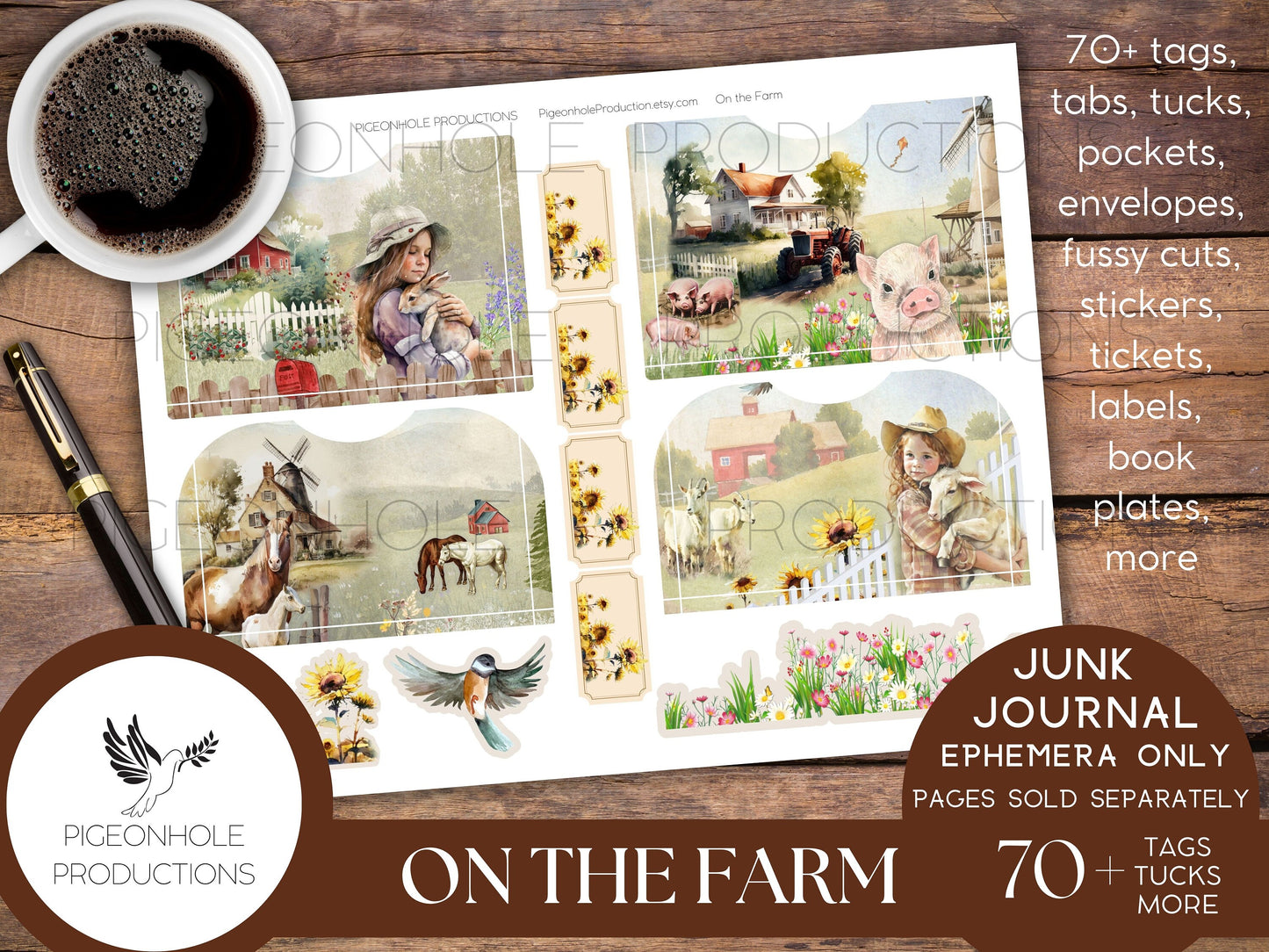 On the Farm Junk Journal EPHEMERA, PRINTABLE, 70+ tags, tucks, pockets, envelopes, fussy cuts, stickers, tickets, labels, bookplates