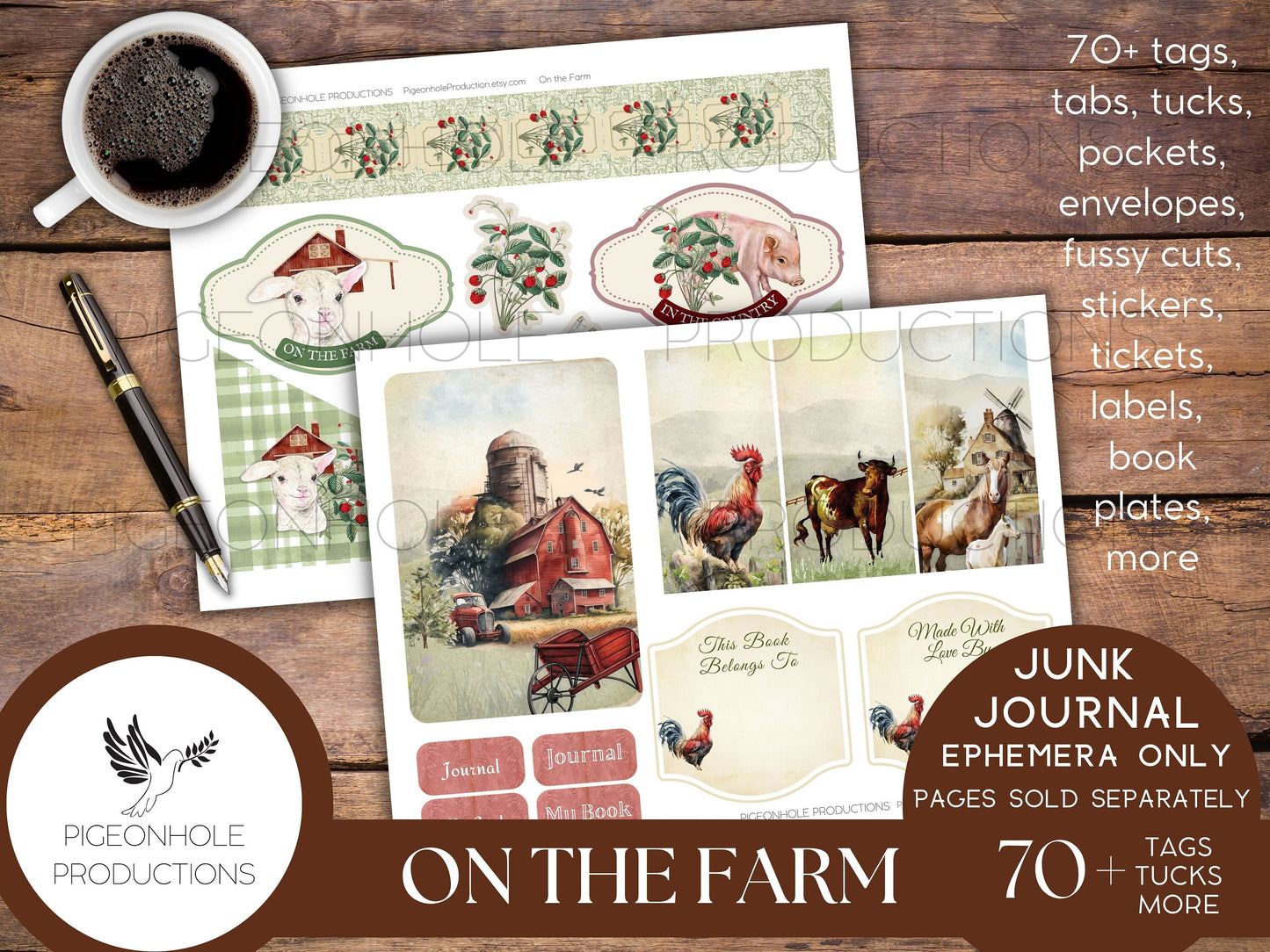 On the Farm Junk Journal EPHEMERA, PRINTABLE, 70+ tags, tucks, pockets, envelopes, fussy cuts, stickers, tickets, labels, bookplates