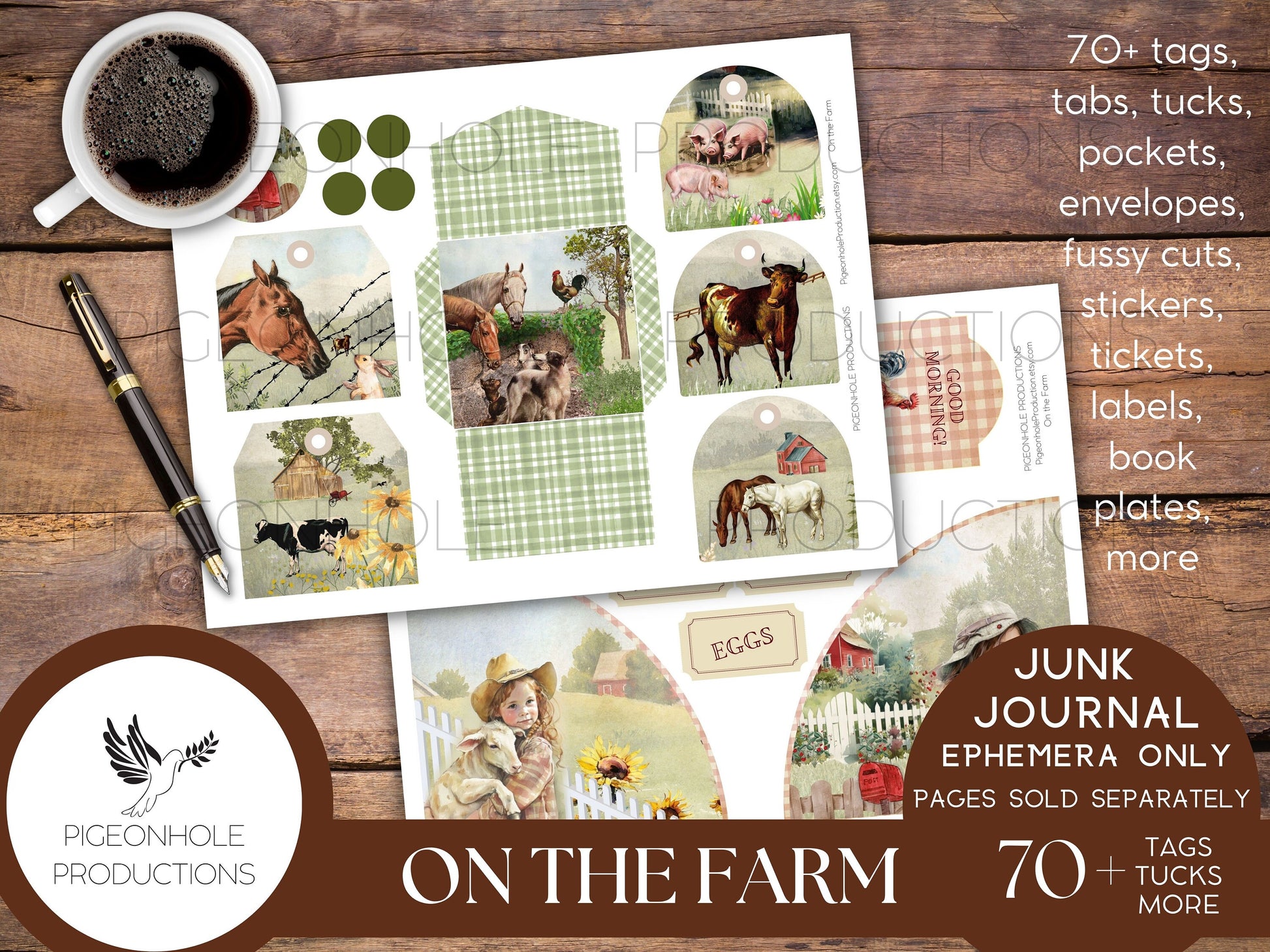 On the Farm Junk Journal EPHEMERA, PRINTABLE, 70+ tags, tucks, pockets, envelopes, fussy cuts, stickers, tickets, labels, bookplates