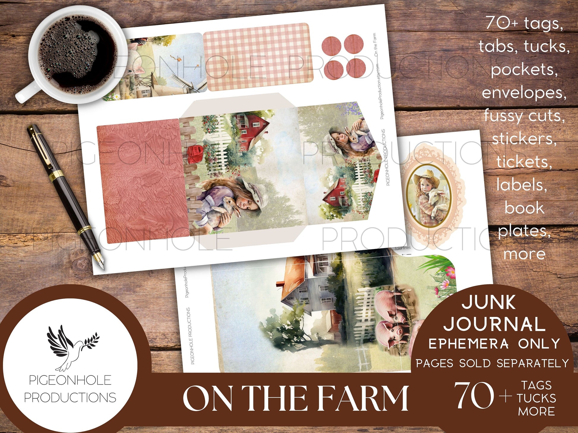 On the Farm Junk Journal EPHEMERA, PRINTABLE, 70+ tags, tucks, pockets, envelopes, fussy cuts, stickers, tickets, labels, bookplates