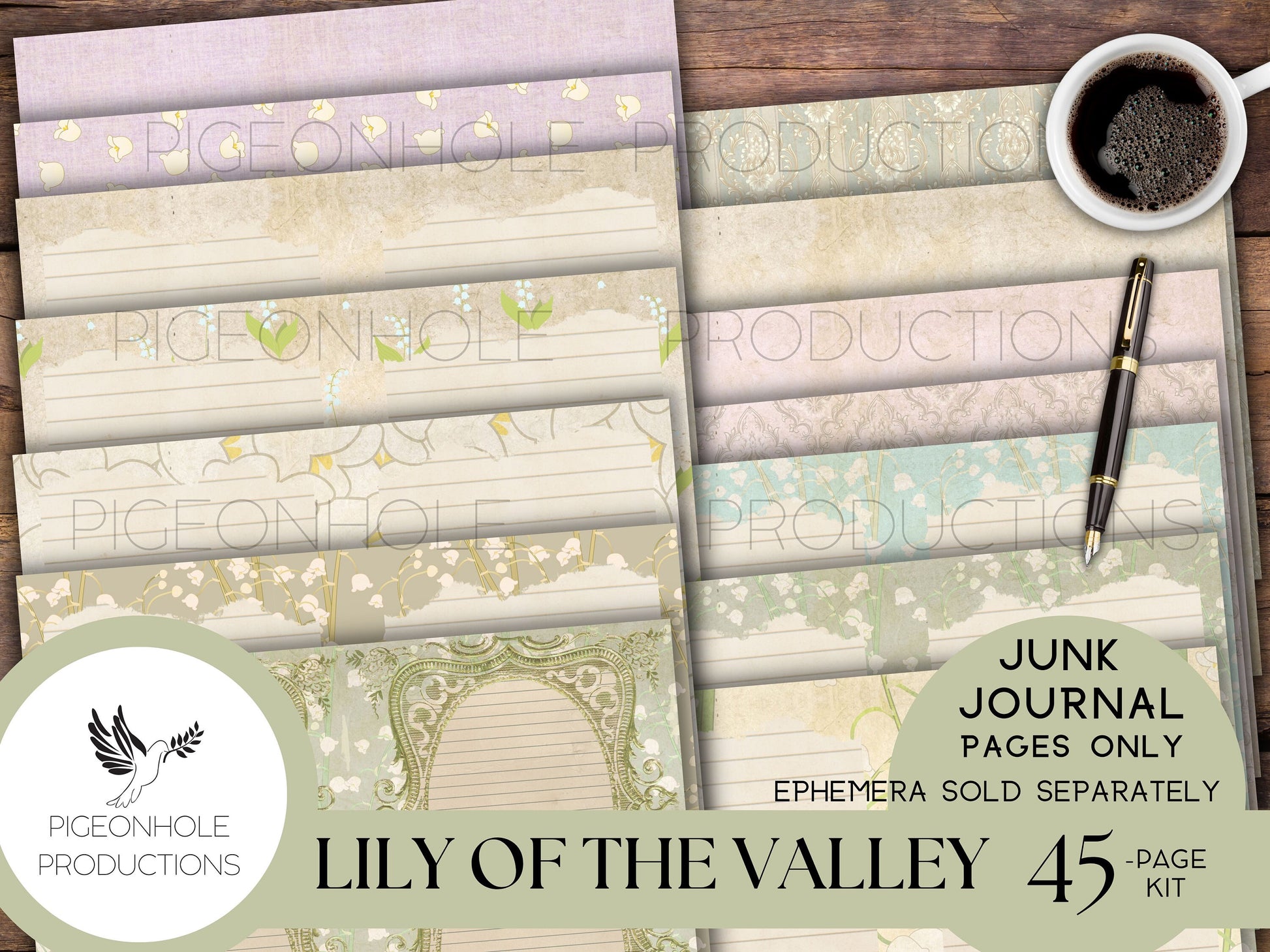 Lily of the Valley Junk Journal Pages, PRINTABLE, 45 lovely floral collage papers, makes 90 journal pages, vintage shabby style, rich images