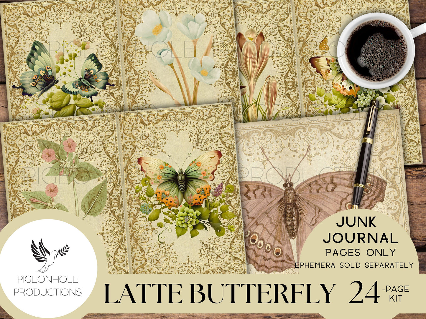 Latte Butterfly Junk Journal Pages Only Kit, PRINTABLE, 24 collage, lined and unlined sheets, gorgeous butterflies and flowers for crafting!