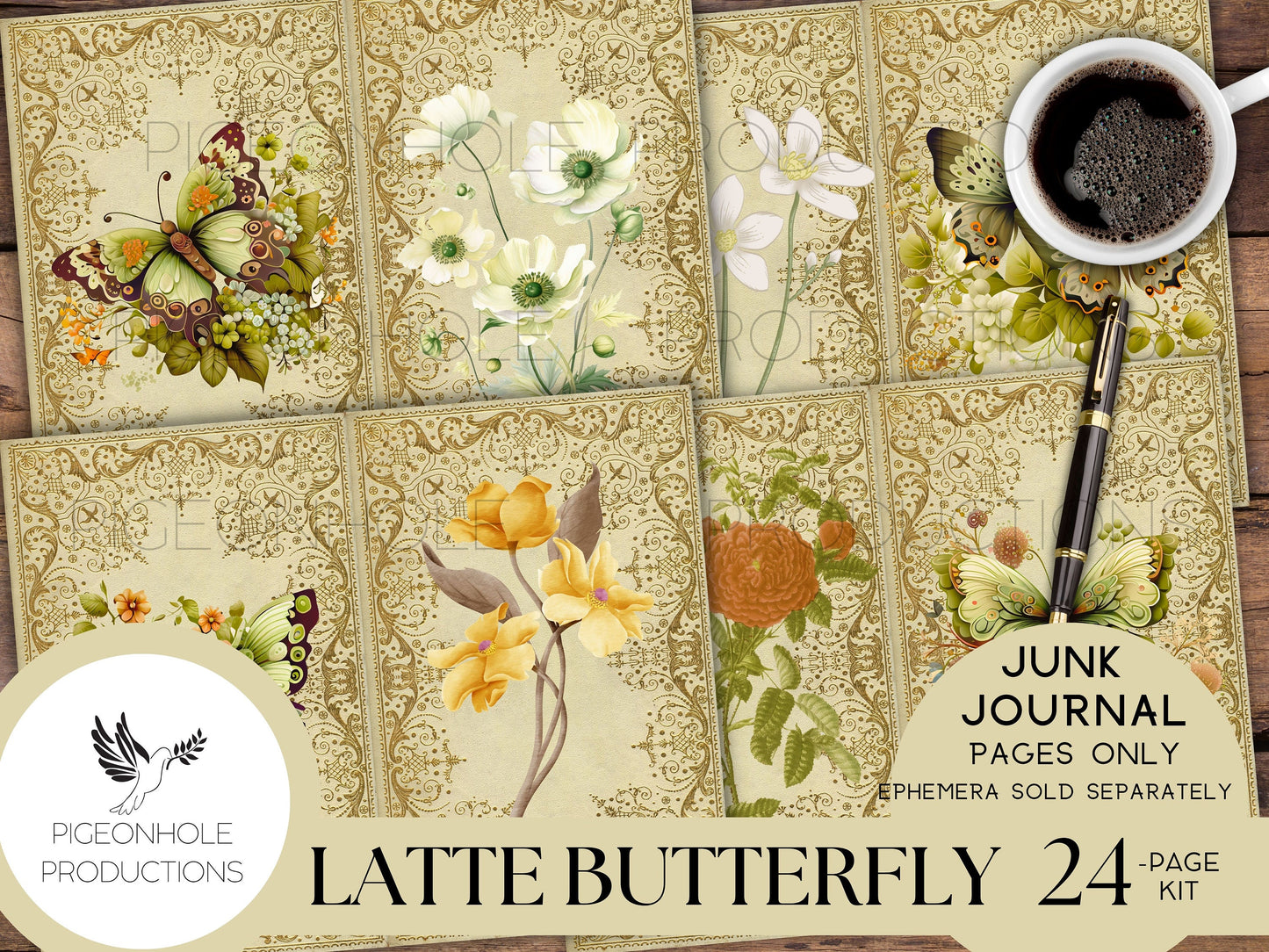 Latte Butterfly Junk Journal Pages Only Kit, PRINTABLE, 24 collage, lined and unlined sheets, gorgeous butterflies and flowers for crafting!