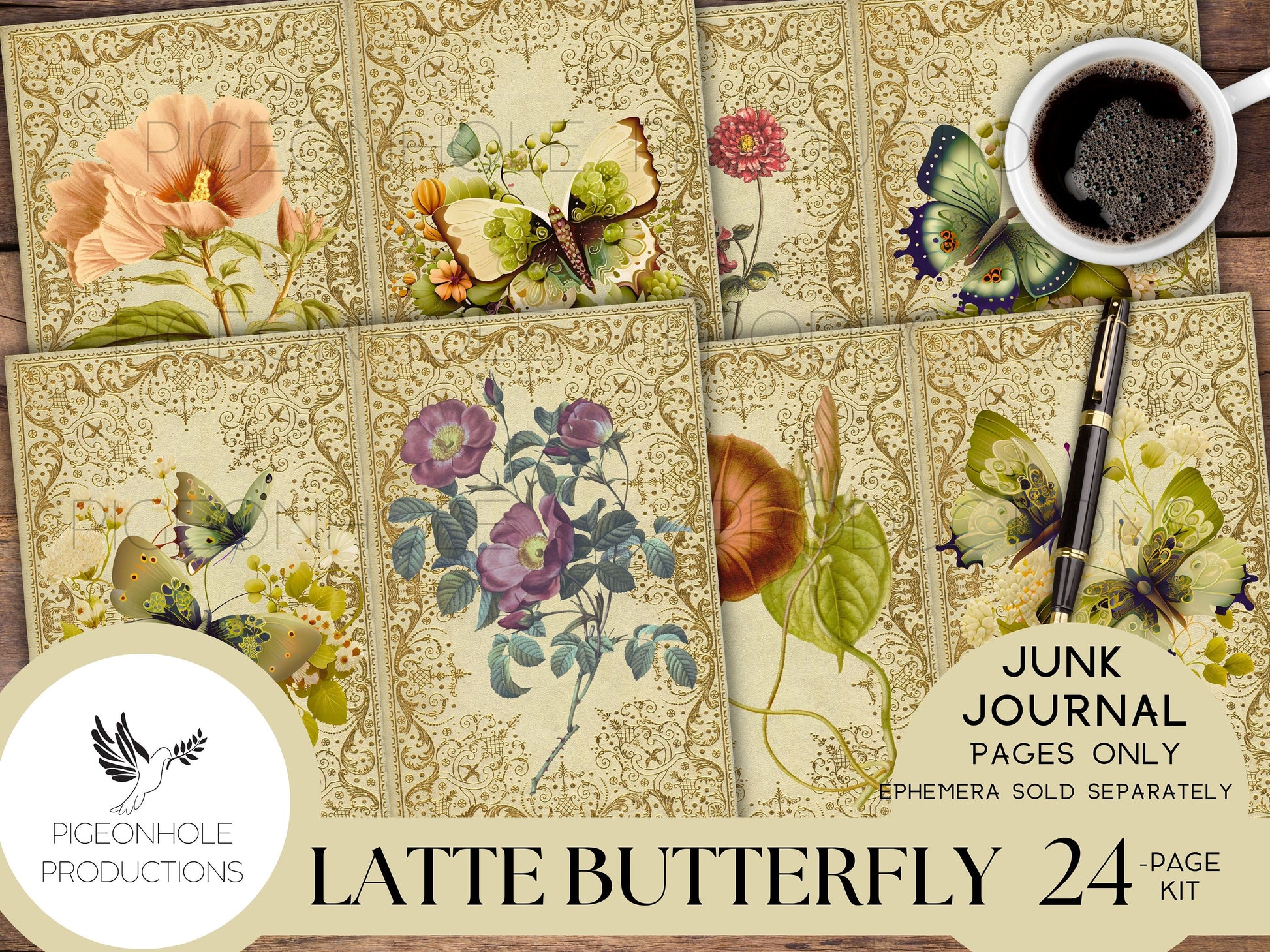 Latte Butterfly Junk Journal Pages Only Kit, PRINTABLE, 24 collage, lined and unlined sheets, gorgeous butterflies and flowers for crafting!