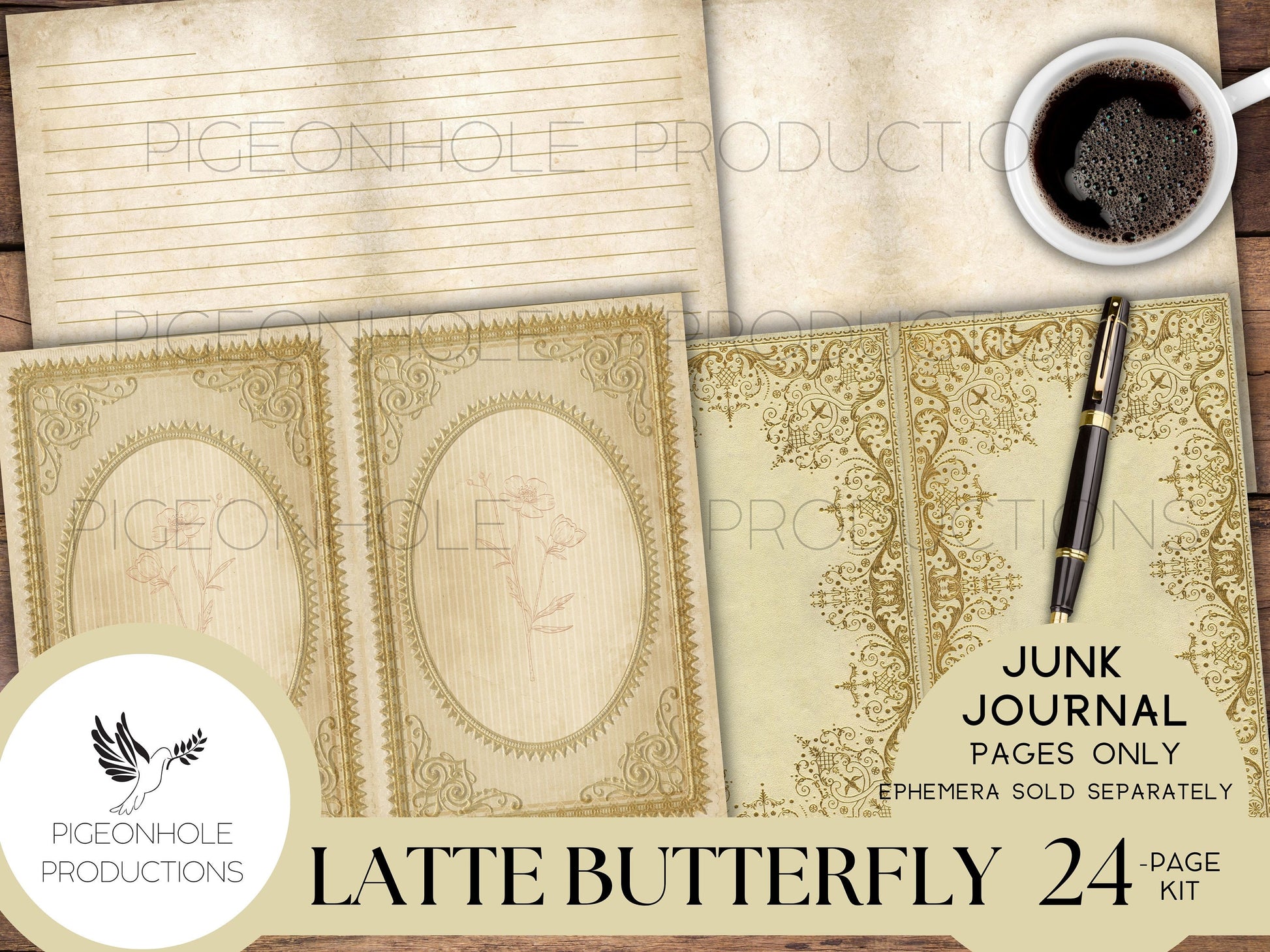 Latte Butterfly Junk Journal Pages Only Kit, PRINTABLE, 24 collage, lined and unlined sheets, gorgeous butterflies and flowers for crafting!