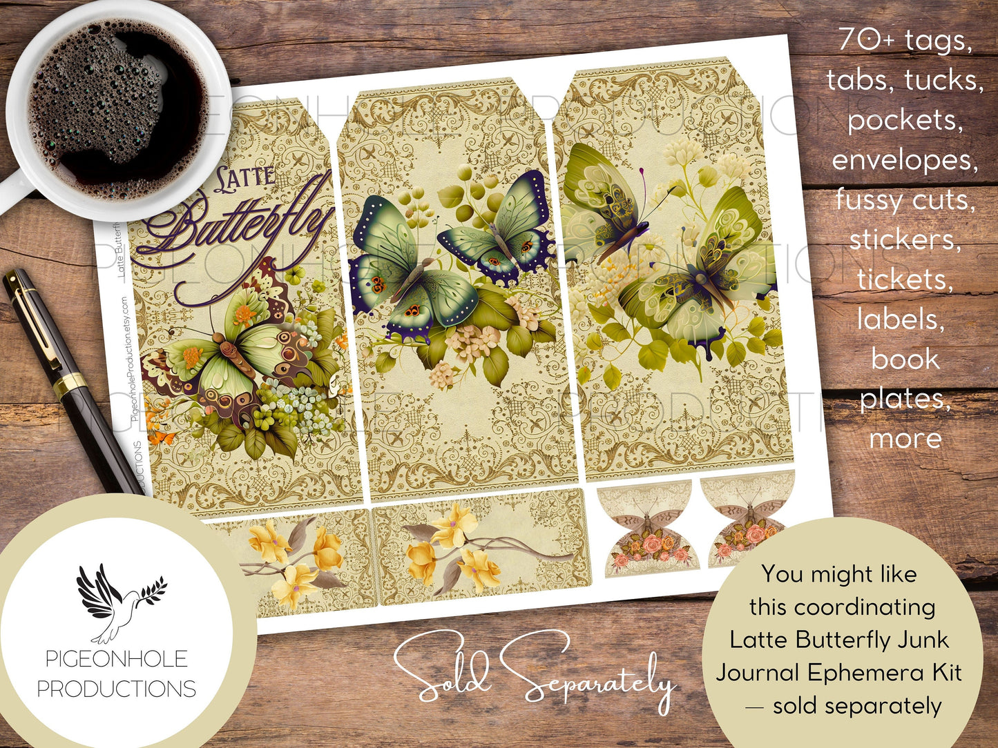 Latte Butterfly Junk Journal Pages Only Kit, PRINTABLE, 24 collage, lined and unlined sheets, gorgeous butterflies and flowers for crafting!