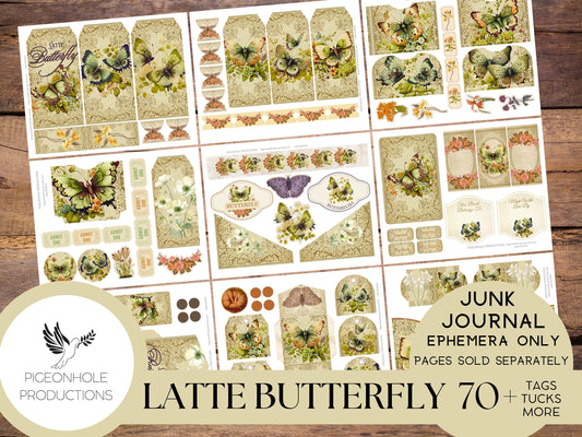 Latte Butterfly Junk Journal EPHEMERA, PRINTABLE, 70+ tags, tucks, pockets, envelopes, fussy cuts, stickers, tickets, labels, bookplates