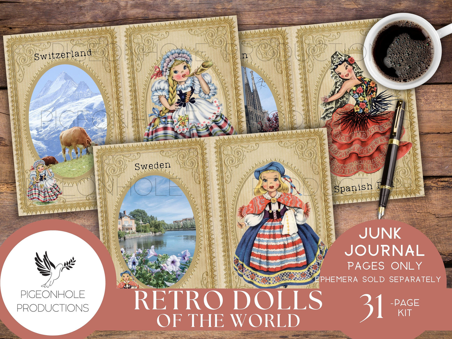 Retro Dolls of the World Junk Journal Pages Only Kit, PRINTABLE, vintage dolls from the 1940s & 1950s — 31 collage, lined and unlined sheets