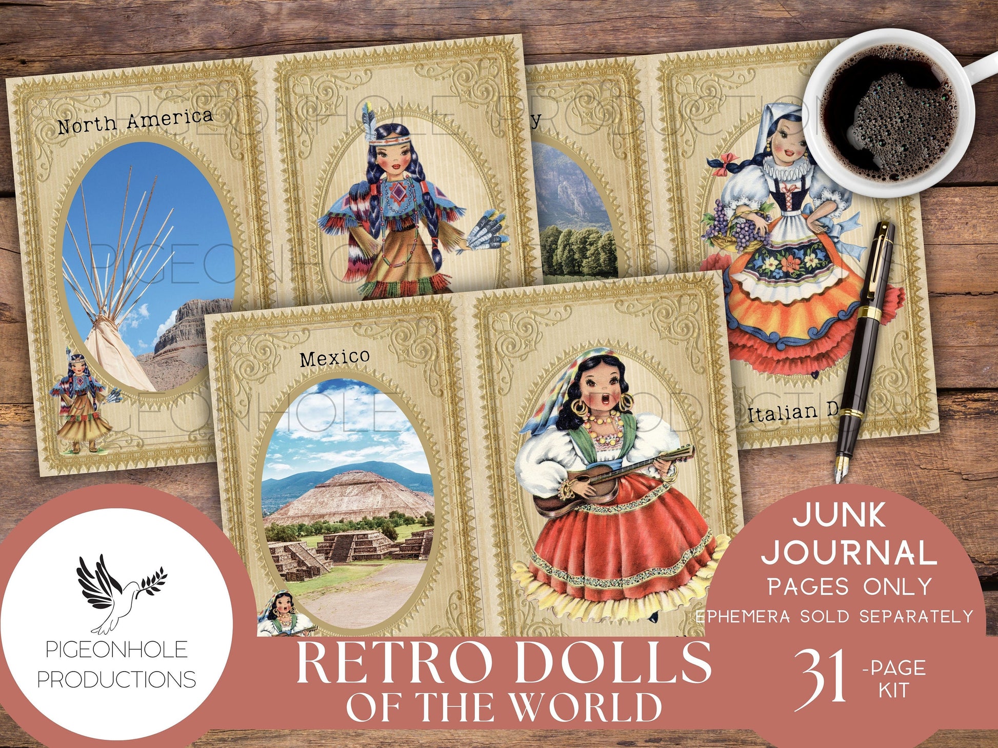 Retro Dolls of the World Junk Journal Pages Only Kit, PRINTABLE, vintage dolls from the 1940s & 1950s — 31 collage, lined and unlined sheets