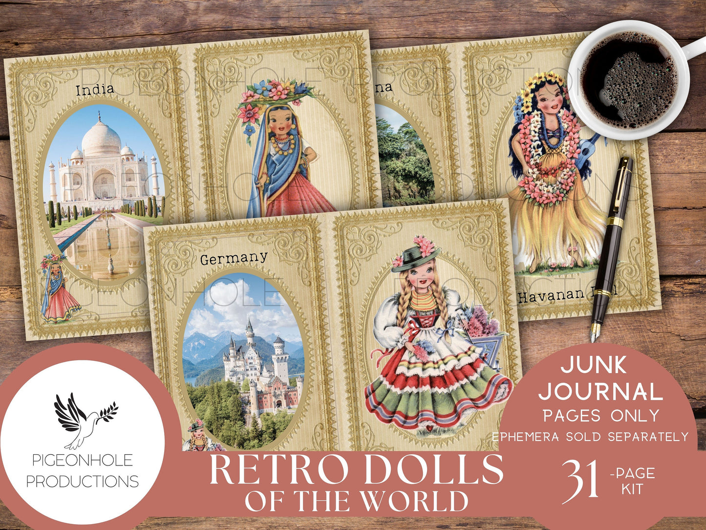 Retro Dolls of the World Junk Journal Pages Only Kit, PRINTABLE, vintage dolls from the 1940s & 1950s — 31 collage, lined and unlined sheets