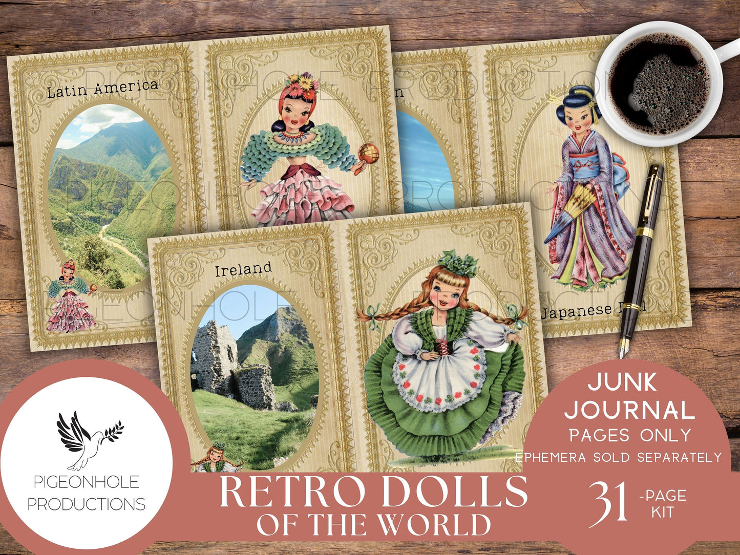 Retro Dolls of the World Junk Journal Pages Only Kit, PRINTABLE, vintage dolls from the 1940s & 1950s — 31 collage, lined and unlined sheets