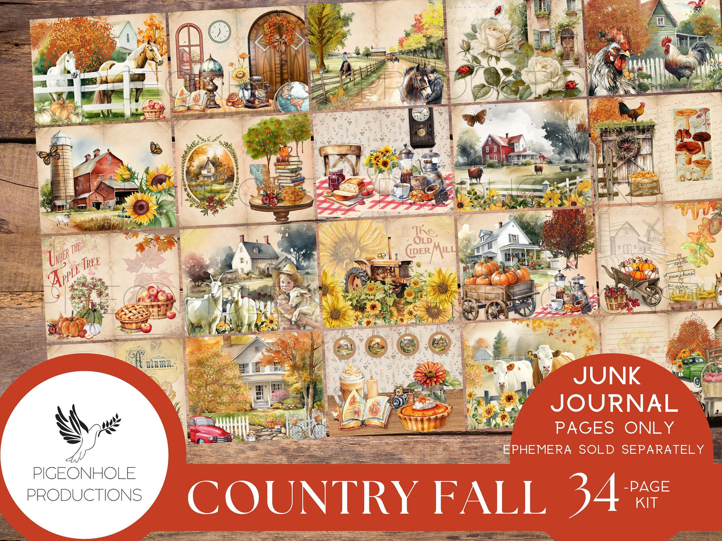 Country Fall Junk Journal Pages Only Kit, PRINTABLE, 34 collaged, lined, unlined sheets, Autumn colors & images for journaling and crafting