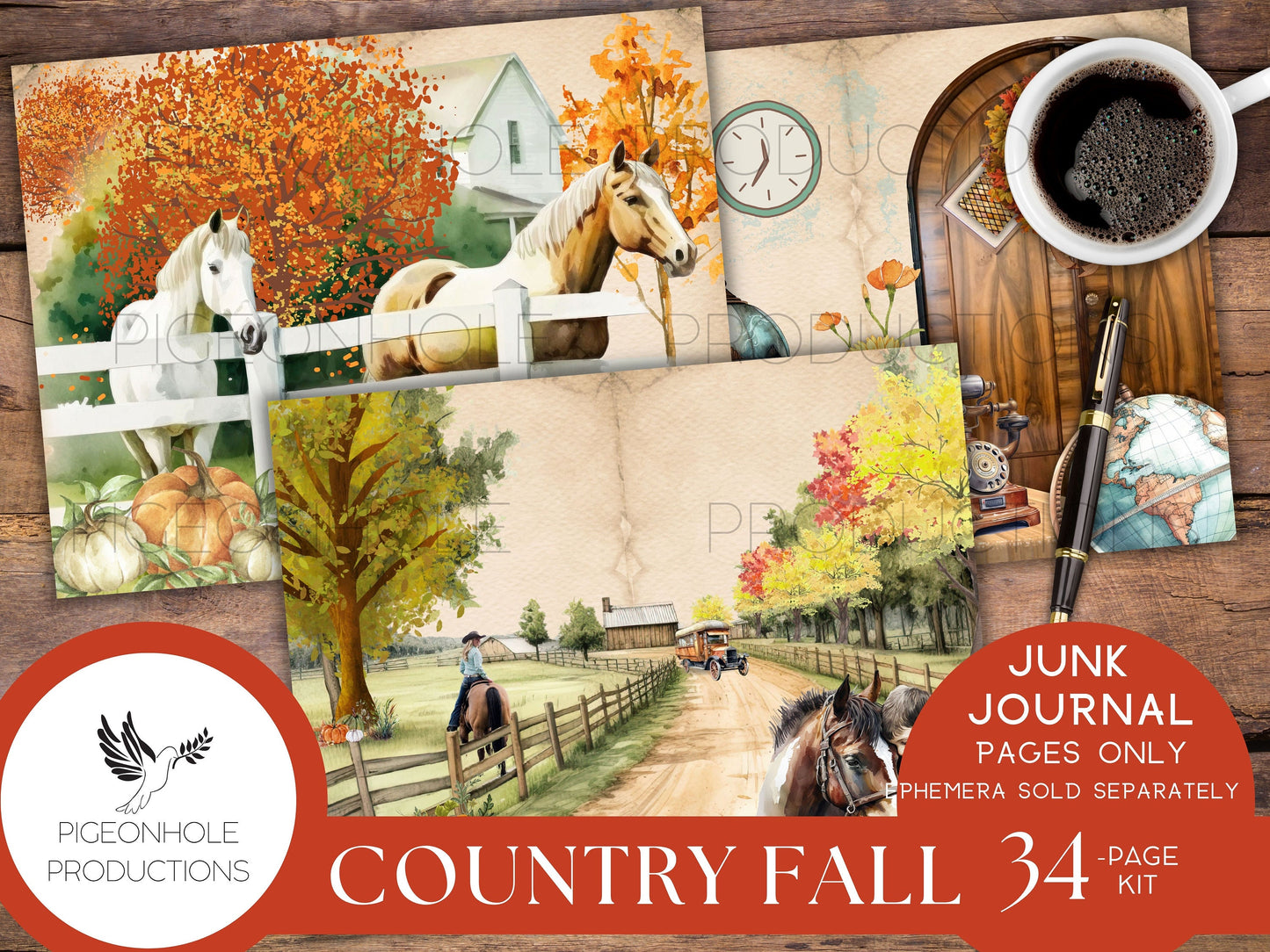 Country Fall Junk Journal Pages Only Kit, PRINTABLE, 34 collaged, lined, unlined sheets, Autumn colors & images for journaling and crafting