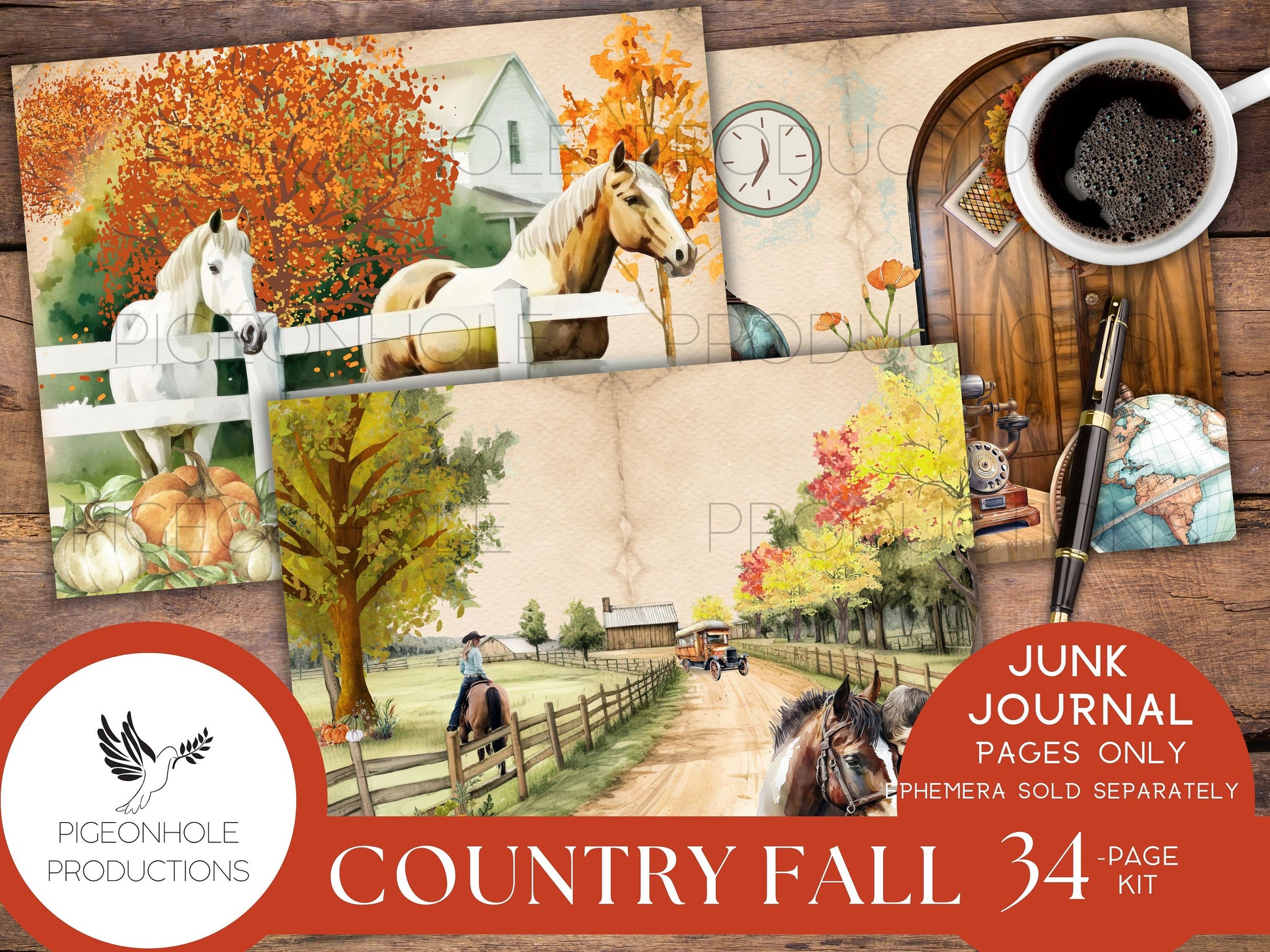 Country Fall Junk Journal Pages Only Kit, PRINTABLE, 34 collaged, lined, unlined sheets, Autumn colors & images for journaling and crafting
