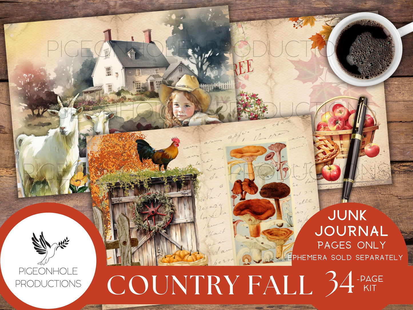 Country Fall Junk Journal Pages Only Kit, PRINTABLE, 34 collaged, lined, unlined sheets, Autumn colors & images for journaling and crafting