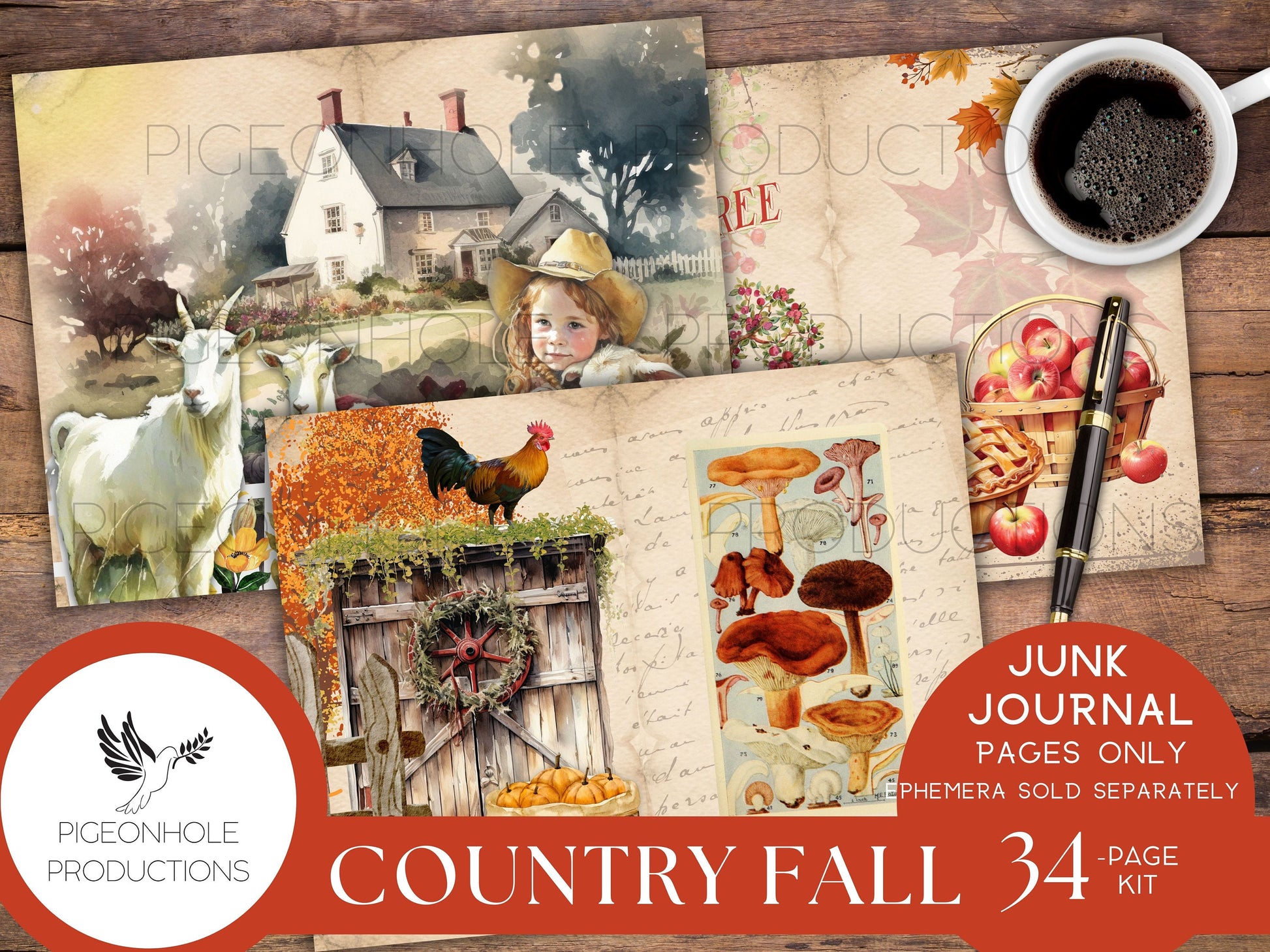 Country Fall Junk Journal Pages Only Kit, PRINTABLE, 34 collaged, lined, unlined sheets, Autumn colors & images for journaling and crafting
