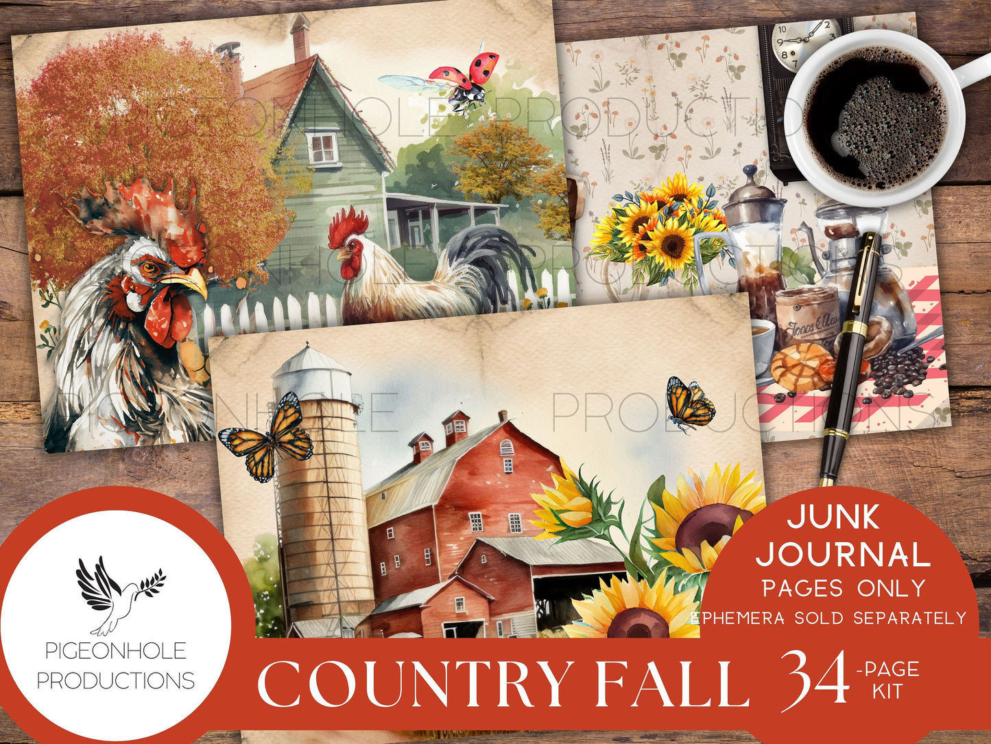 Country Fall Junk Journal Pages Only Kit, PRINTABLE, 34 collaged, lined, unlined sheets, Autumn colors & images for journaling and crafting
