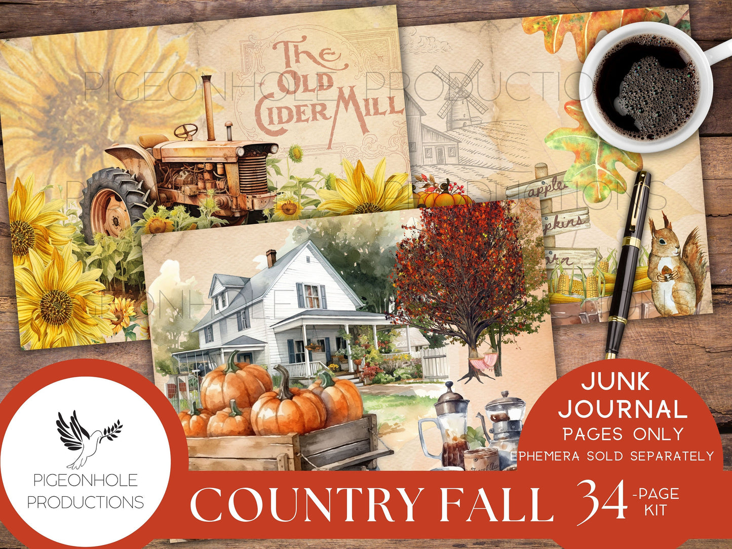 Country Fall Junk Journal Pages Only Kit, PRINTABLE, 34 collaged, lined, unlined sheets, Autumn colors & images for journaling and crafting