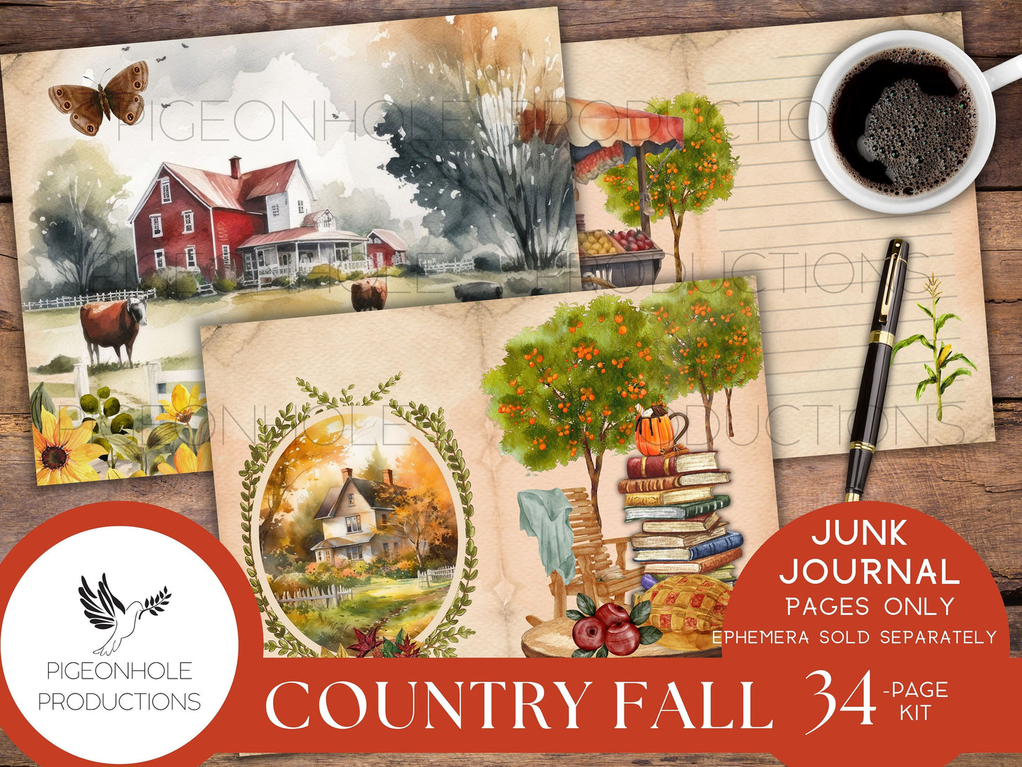 Country Fall Junk Journal Pages Only Kit, PRINTABLE, 34 collaged, lined, unlined sheets, Autumn colors & images for journaling and crafting