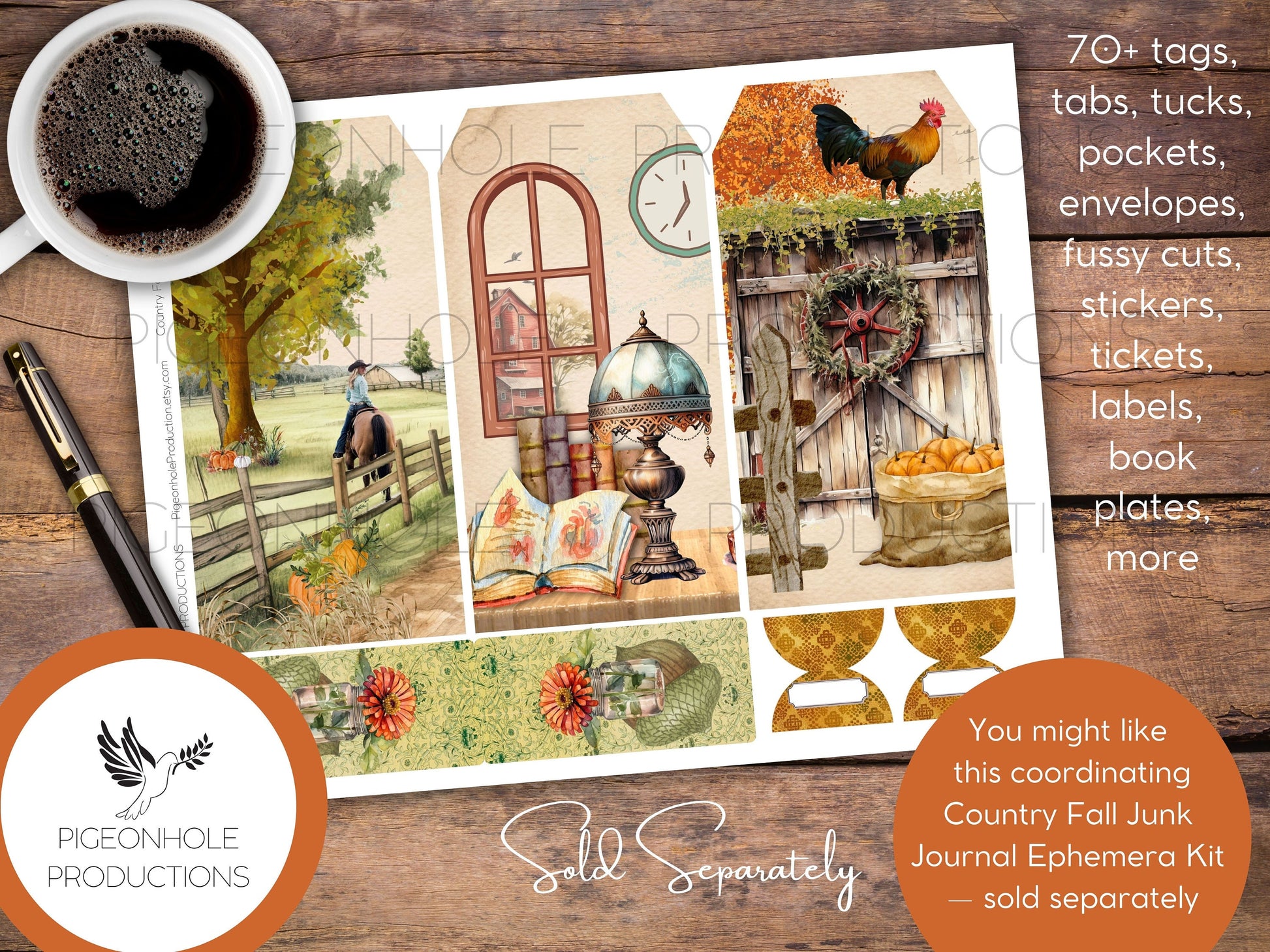 Country Fall Junk Journal Pages Only Kit, PRINTABLE, 34 collaged, lined, unlined sheets, Autumn colors & images for journaling and crafting