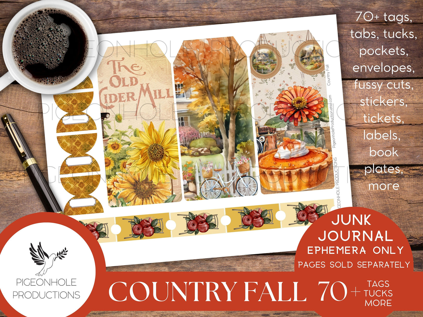 Country Fall Junk Journal EPHEMERA, PRINTABLE, 70+ tags, tucks, pockets, envelopes, fussy cuts, stickers, tickets, labels, bookplates, more!
