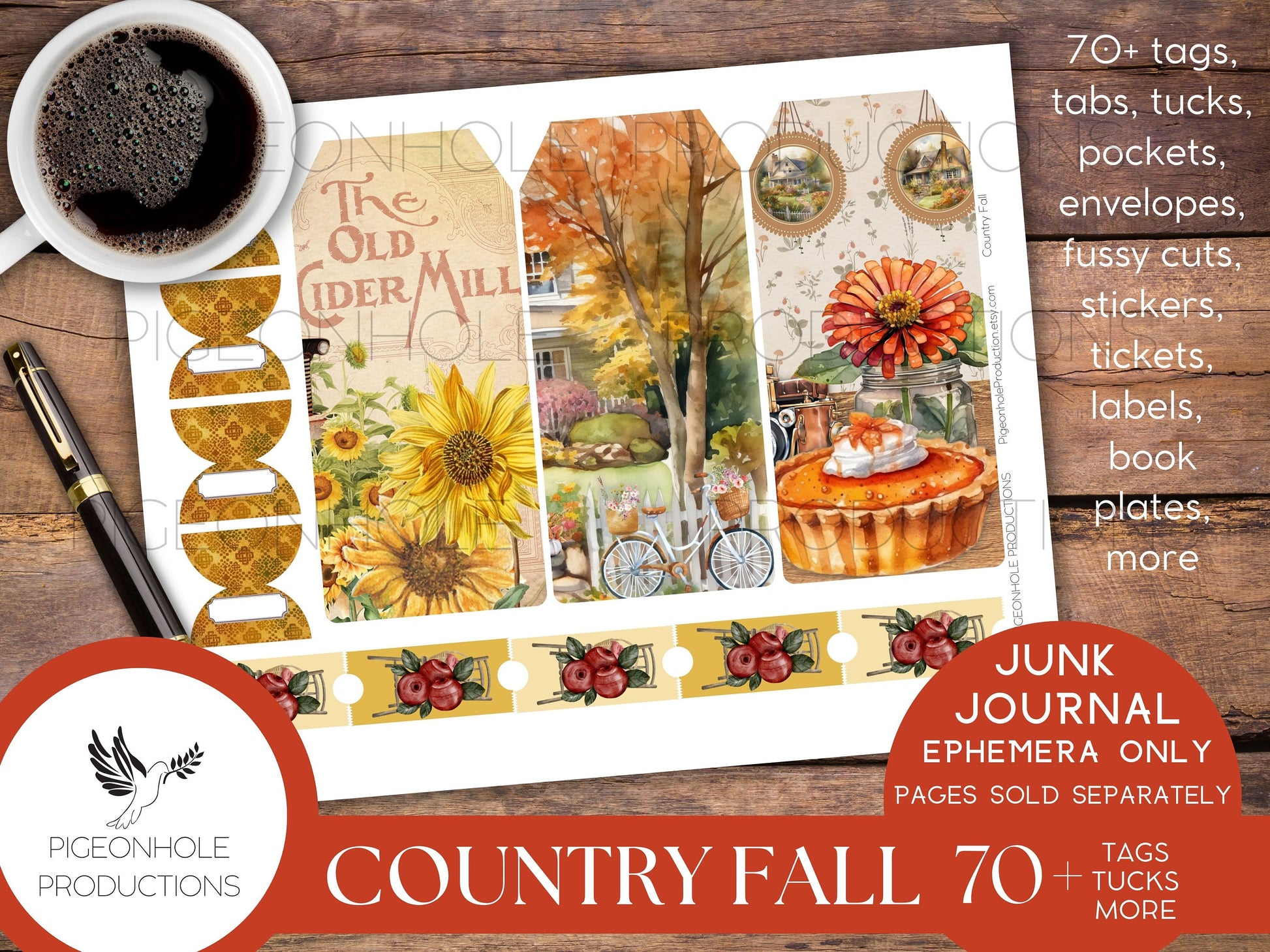 Country Fall Junk Journal EPHEMERA, PRINTABLE, 70+ tags, tucks, pockets, envelopes, fussy cuts, stickers, tickets, labels, bookplates, more!