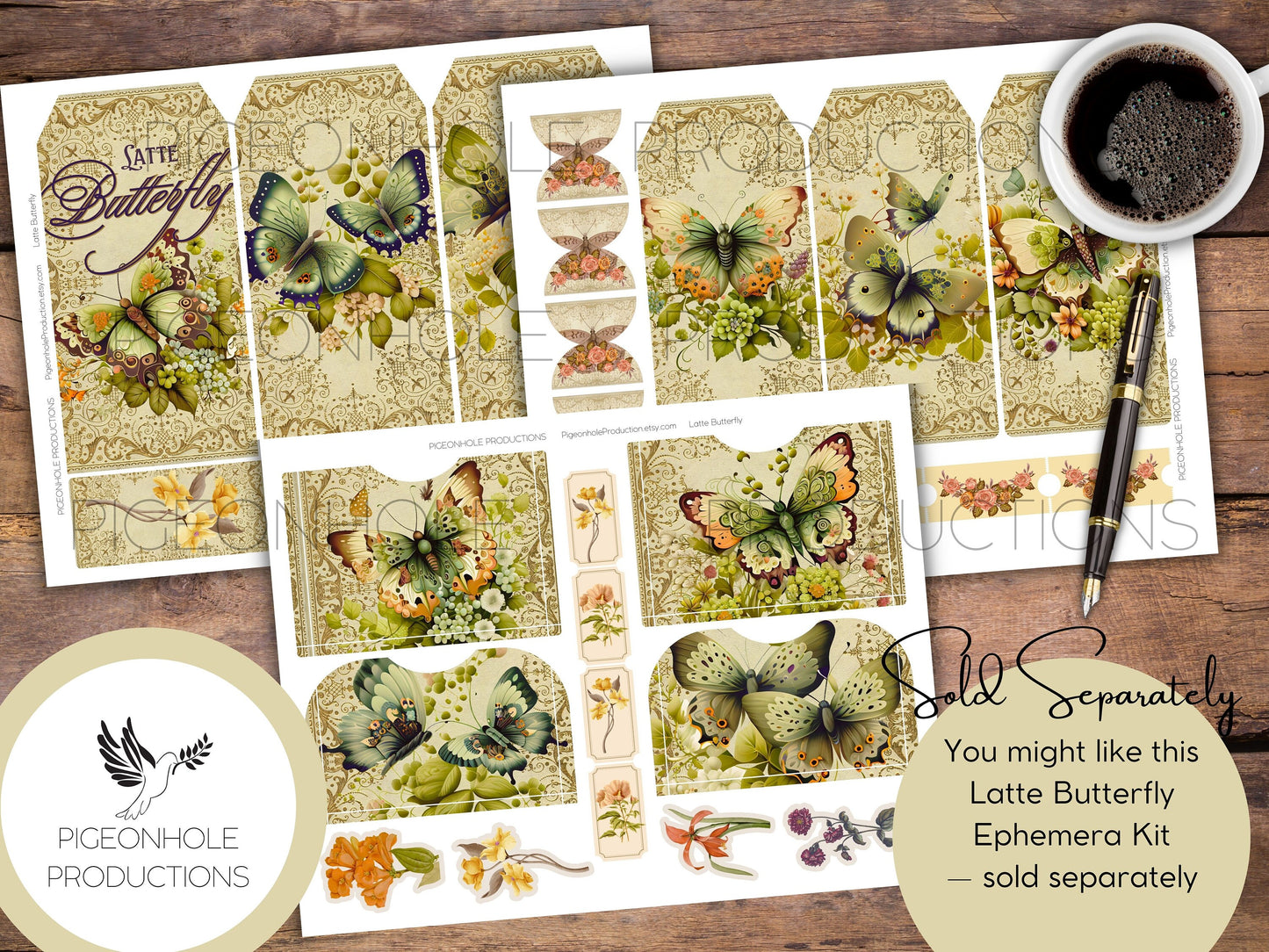 Latte Butterfly Junk Journal Cards, PRINTABLE, 32 journal cards with gorgeous butterflies and flowers for crafting and greeting card making