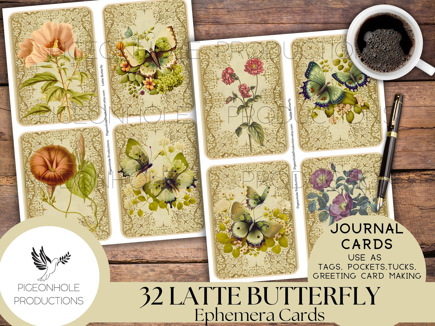 Latte Butterfly Junk Journal Cards, PRINTABLE, 32 journal cards with gorgeous butterflies and flowers for crafting and greeting card making