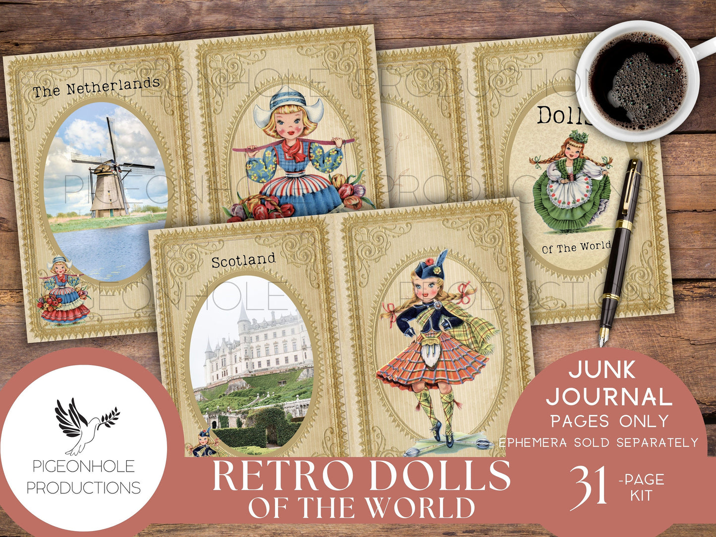 Retro Dolls of the World Junk Journal Pages Only Kit, PRINTABLE, vintage dolls from the 1940s & 1950s — 31 collage, lined and unlined sheets