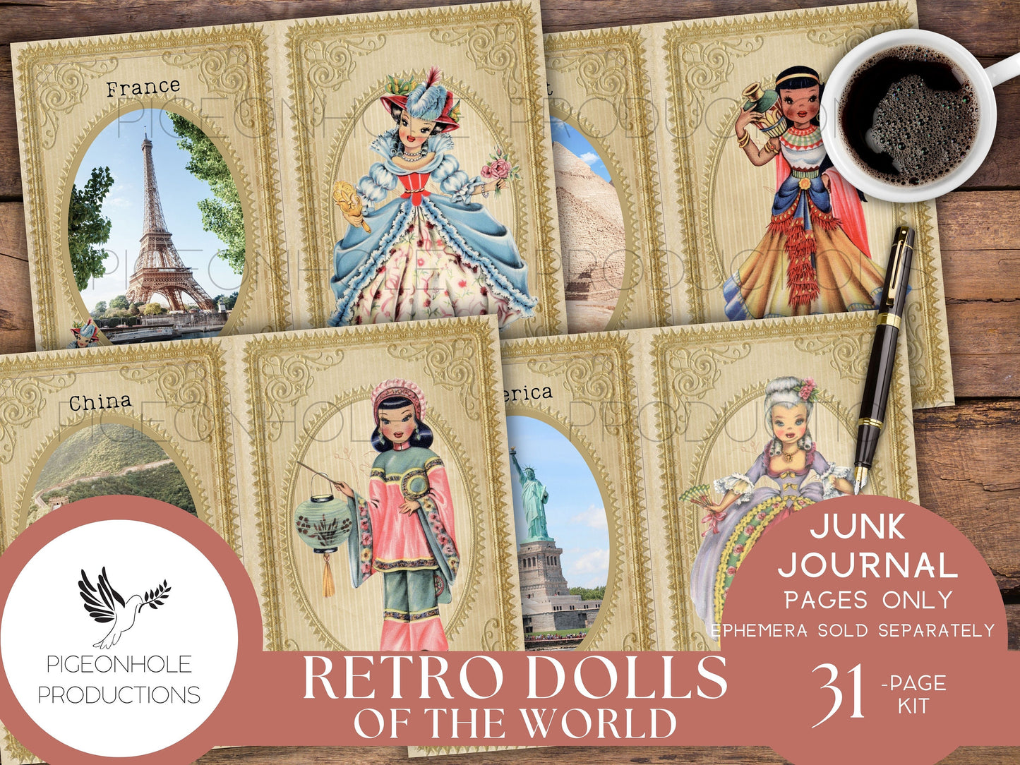 Retro Dolls of the World Junk Journal Pages Only Kit, PRINTABLE, vintage dolls from the 1940s & 1950s — 31 collage, lined and unlined sheets