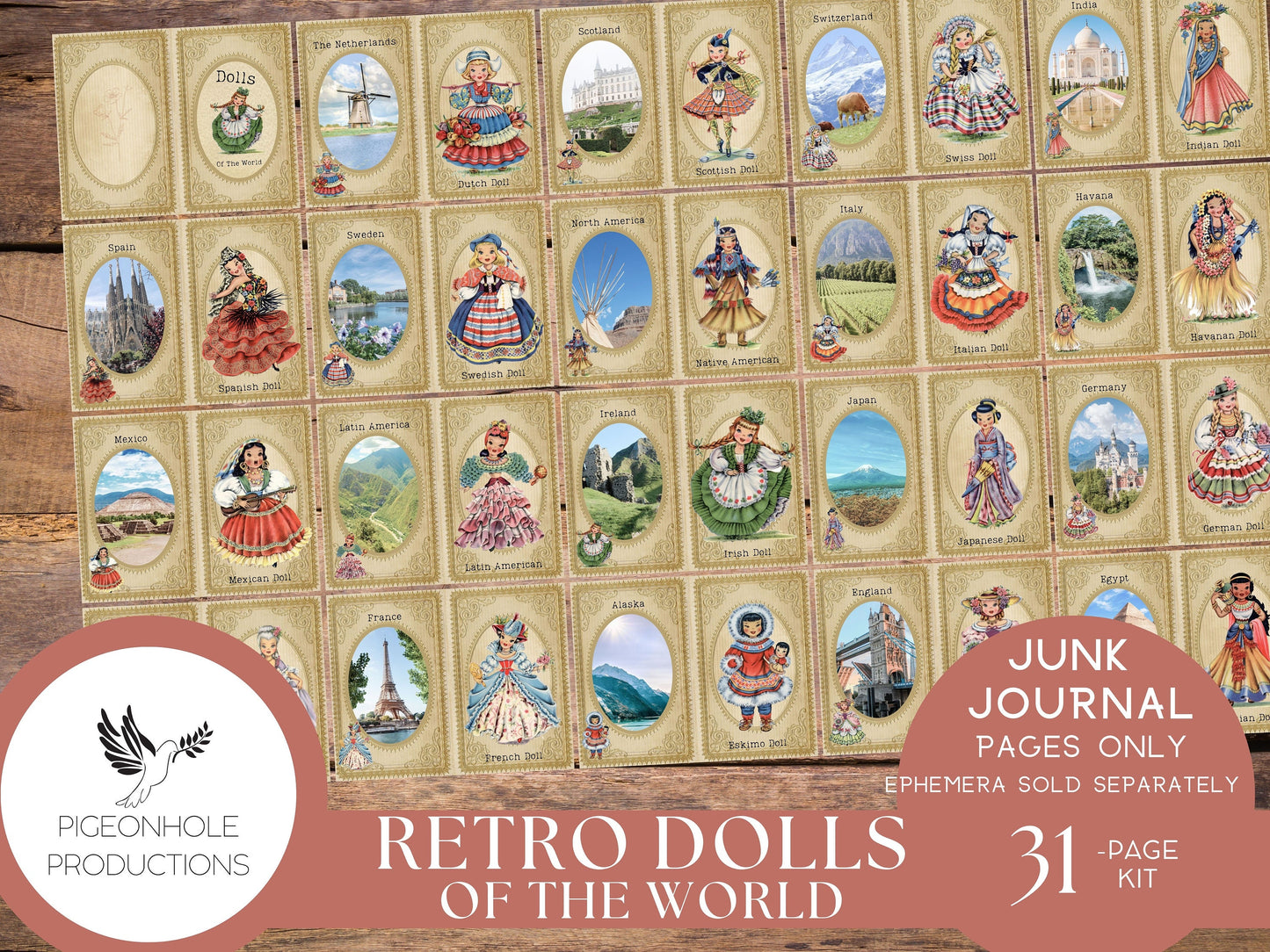 Retro Dolls of the World Junk Journal Pages Only Kit, PRINTABLE, vintage dolls from the 1940s & 1950s — 31 collage, lined and unlined sheets