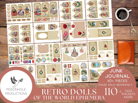 Retro Dolls of the World Junk Journal EPHEMERA, PRINTABLE, 110+ tags, tucks, pockets, envelopes, fussy cuts, stickers, tickets, labels, more