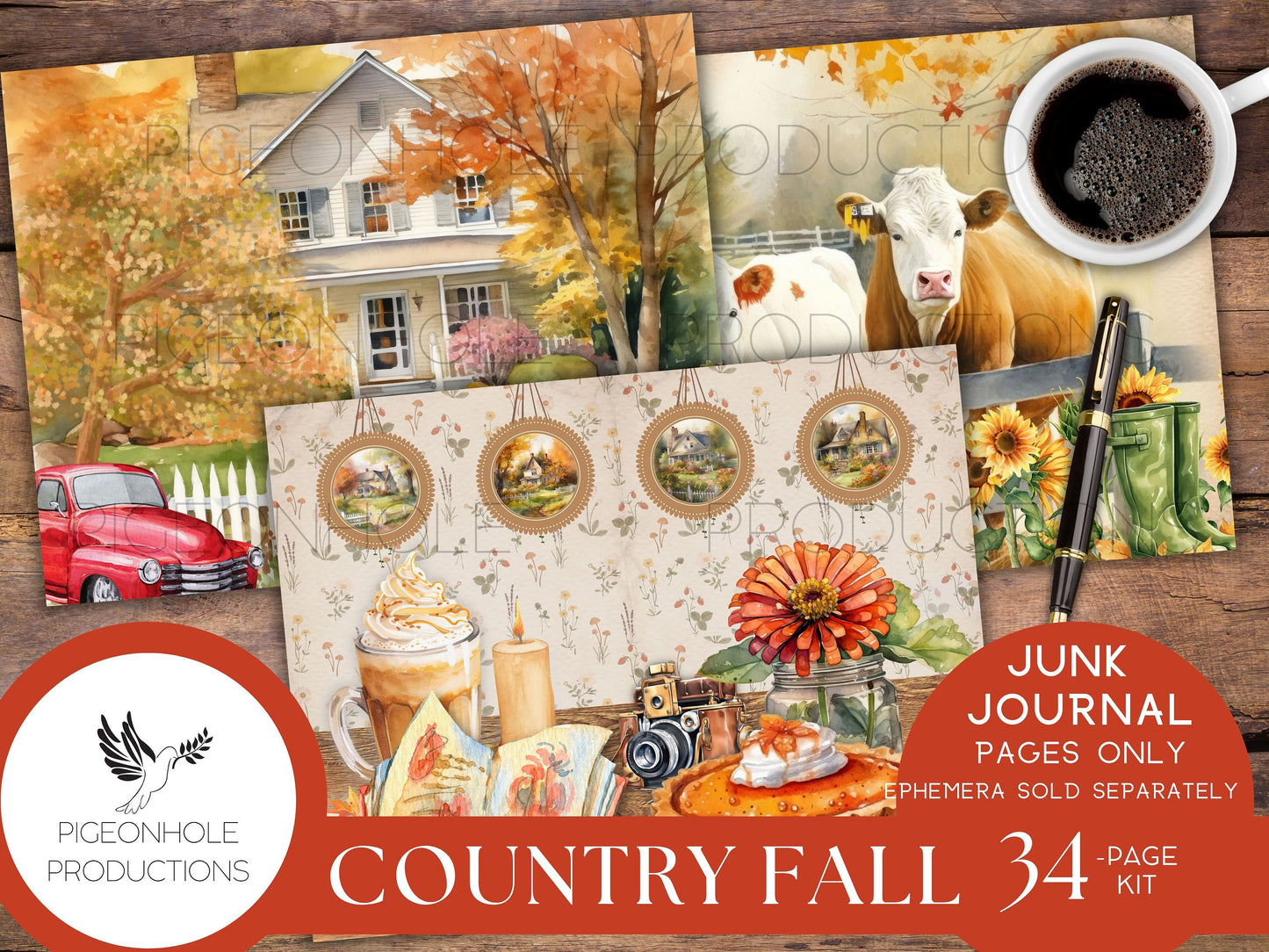 Country Fall Junk Journal Pages Only Kit, PRINTABLE, 34 collaged, lined, unlined sheets, Autumn colors & images for journaling and crafting