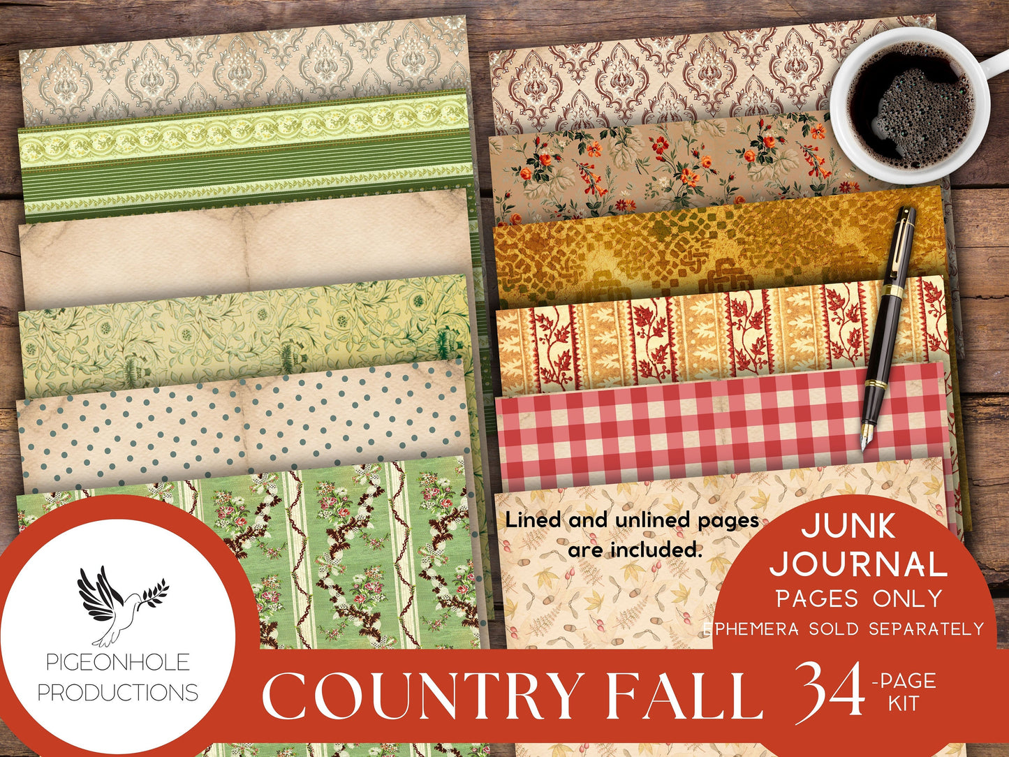 Country Fall Junk Journal Pages Only Kit, PRINTABLE, 34 collaged, lined, unlined sheets, Autumn colors & images for journaling and crafting