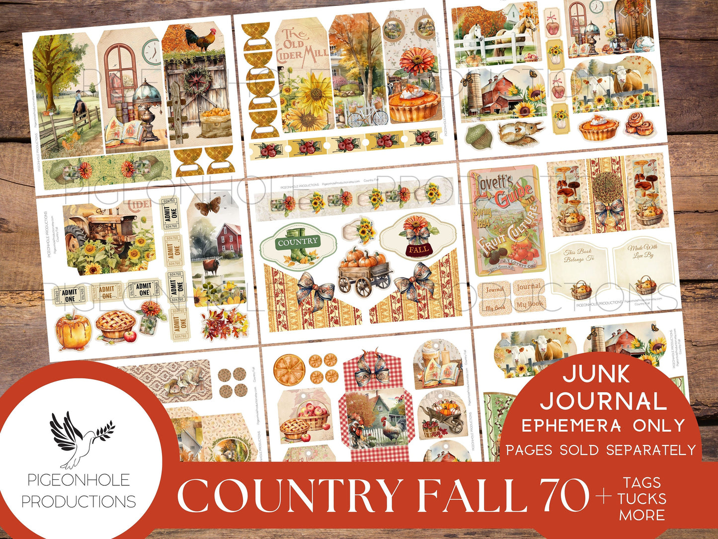 Country Fall Junk Journal EPHEMERA, PRINTABLE, 70+ tags, tucks, pockets, envelopes, fussy cuts, stickers, tickets, labels, bookplates, more!