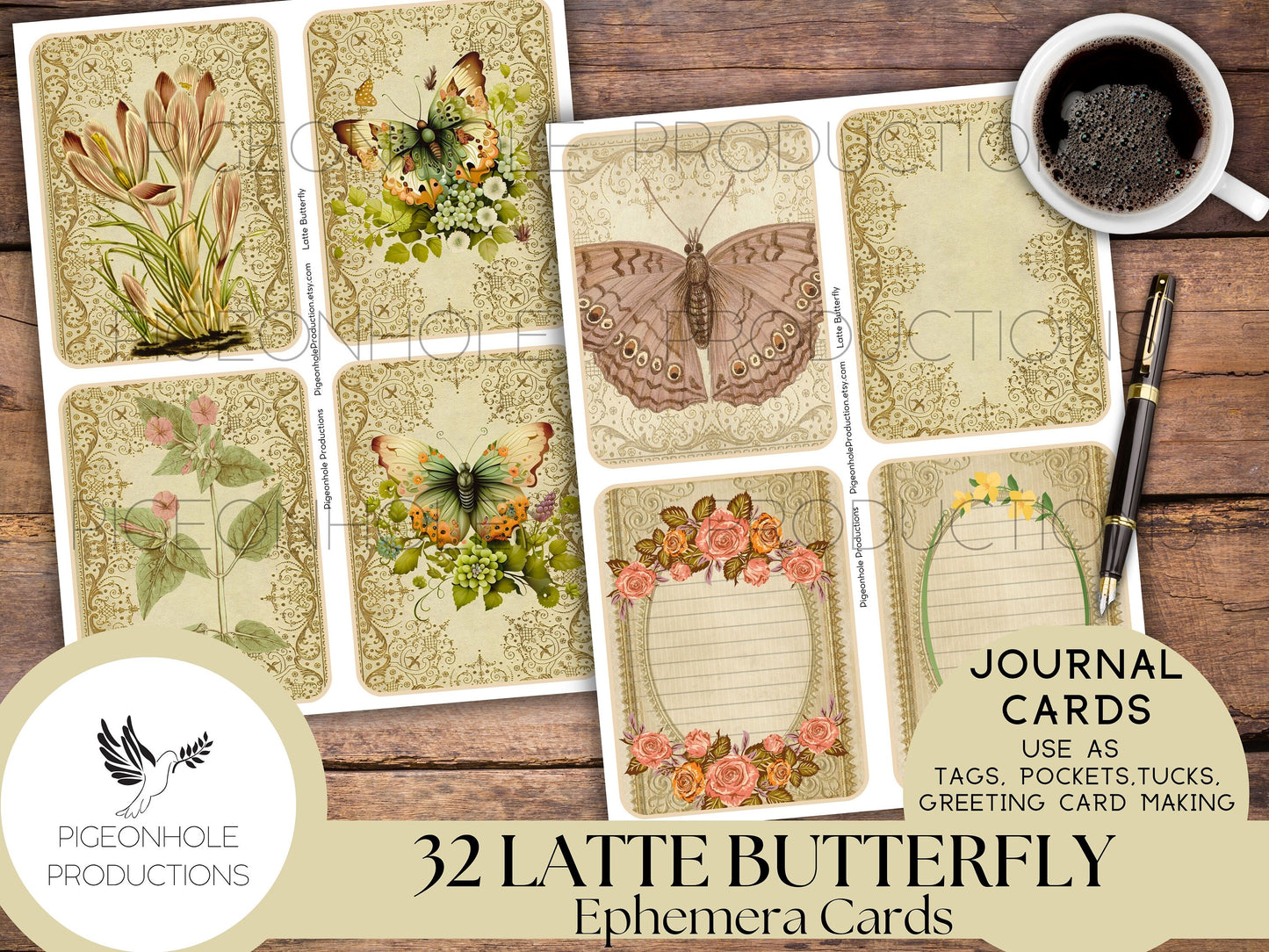 Latte Butterfly Junk Journal Cards, PRINTABLE, 32 journal cards with gorgeous butterflies and flowers for crafting and greeting card making