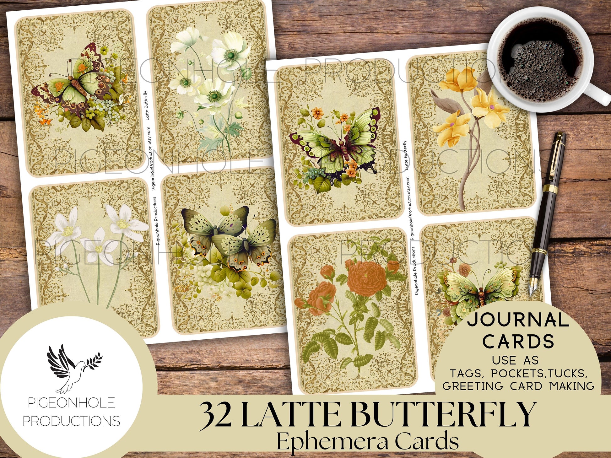 Latte Butterfly Junk Journal Cards, PRINTABLE, 32 journal cards with gorgeous butterflies and flowers for crafting and greeting card making