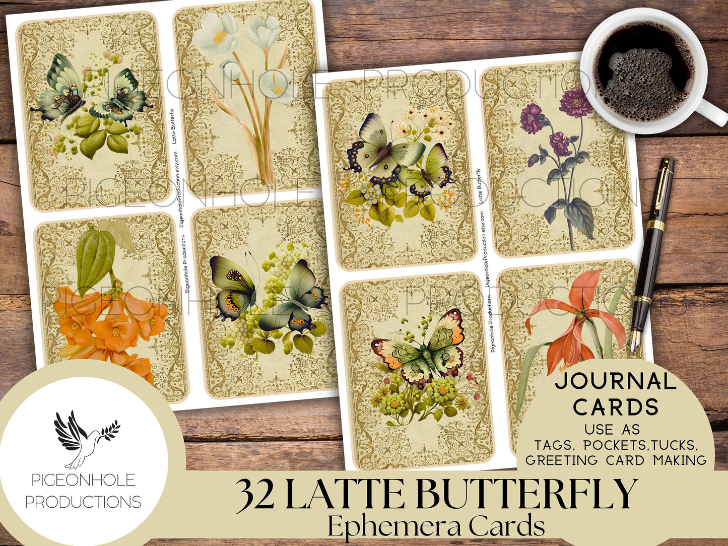 Latte Butterfly Junk Journal Cards, PRINTABLE, 32 journal cards with gorgeous butterflies and flowers for crafting and greeting card making